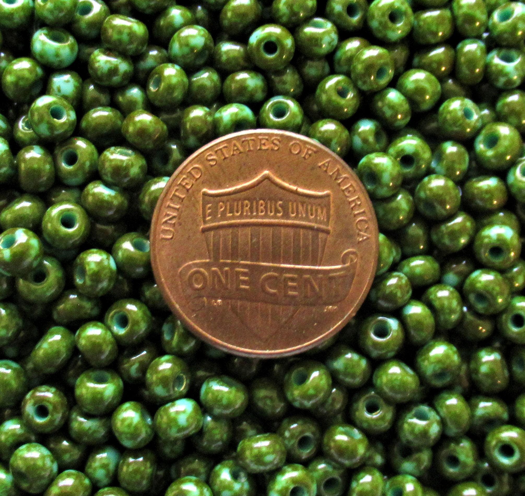 24 grams Czech 6/0 glass seed beads - size 6 - opaque turquiose green with a tavertine finish - Preciosa Rocaille 4mm spacer beads - C4524