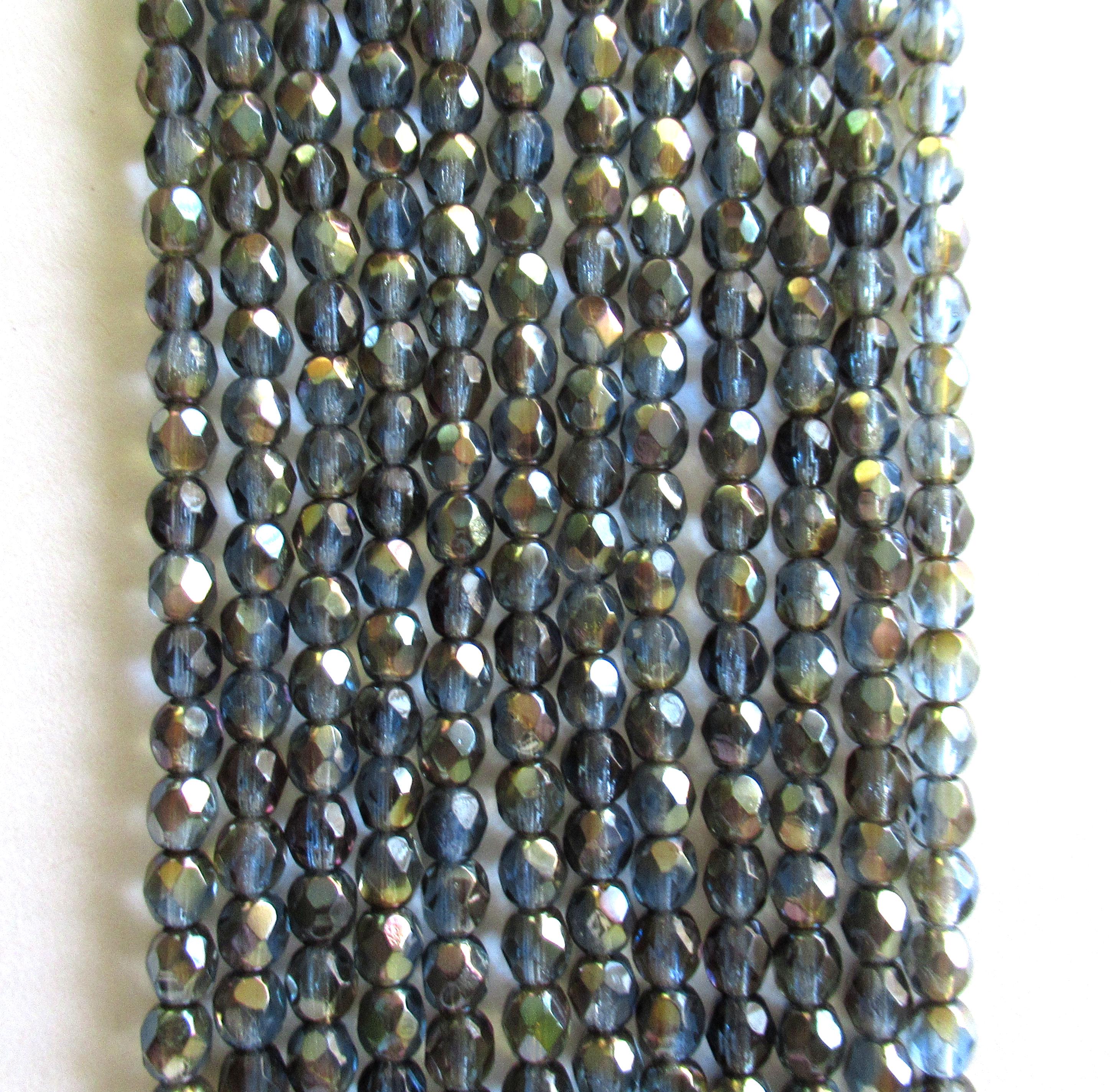 50 4mm Czech glass beads - Sapphire Blue Celsian beads - blue gray beads with a celsian finish - round faceted fire polished beads C-0076