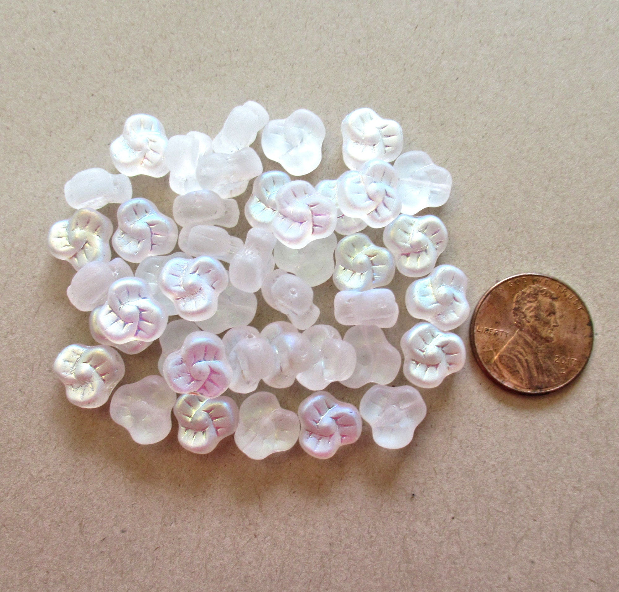 25 9mm Czech glass pansy beads - matte frosted crystal or white ab flower beads - C0067