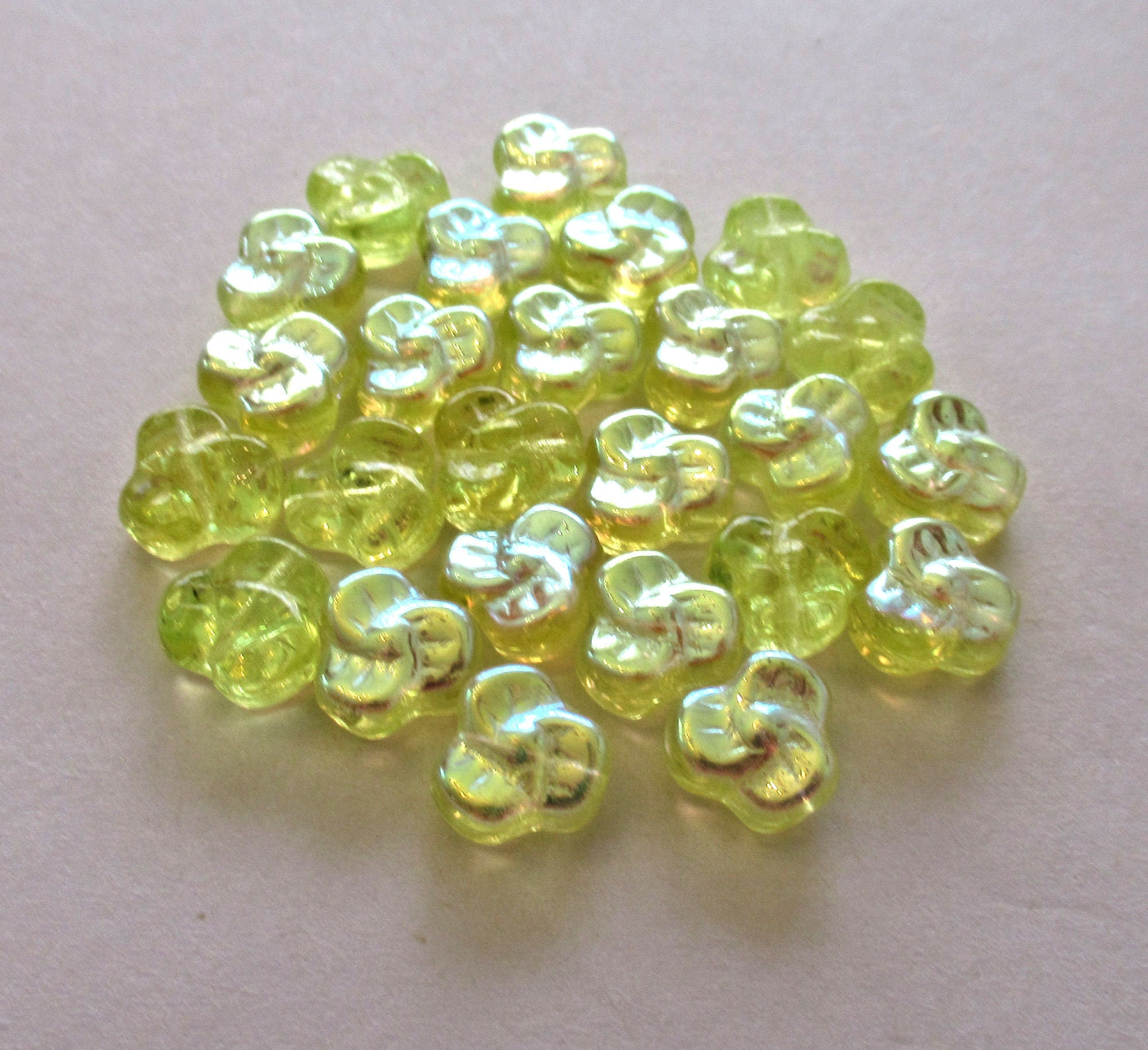 25 Czech glass pansy beads - 9mm jonquil ab yellow pressed glass flower beads - C0009