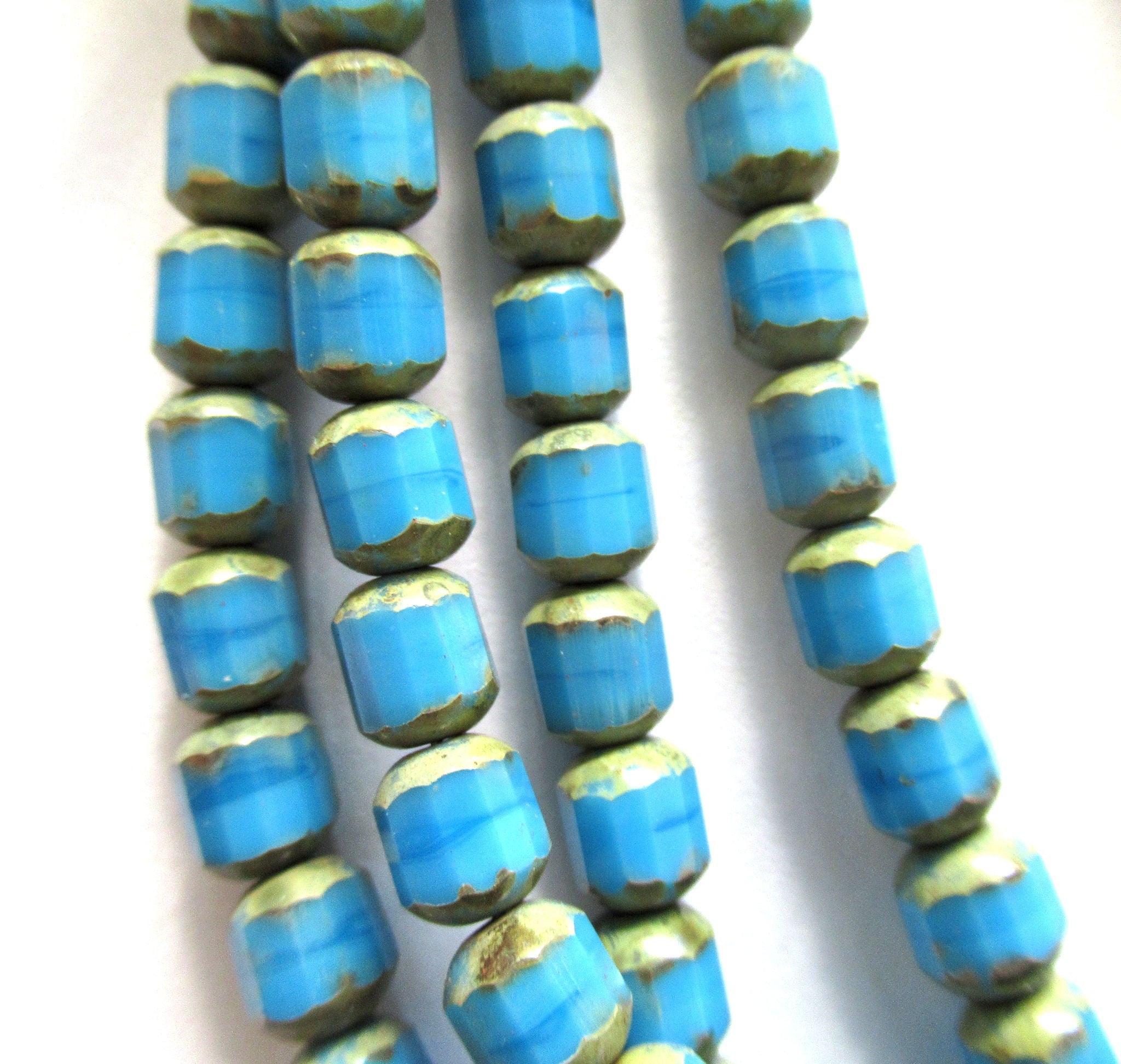 40 Czech glass faceted cathedral or barrel beads - 5mm opaque marbled turquoise blue beads w/ picasso finish on the ends C00441