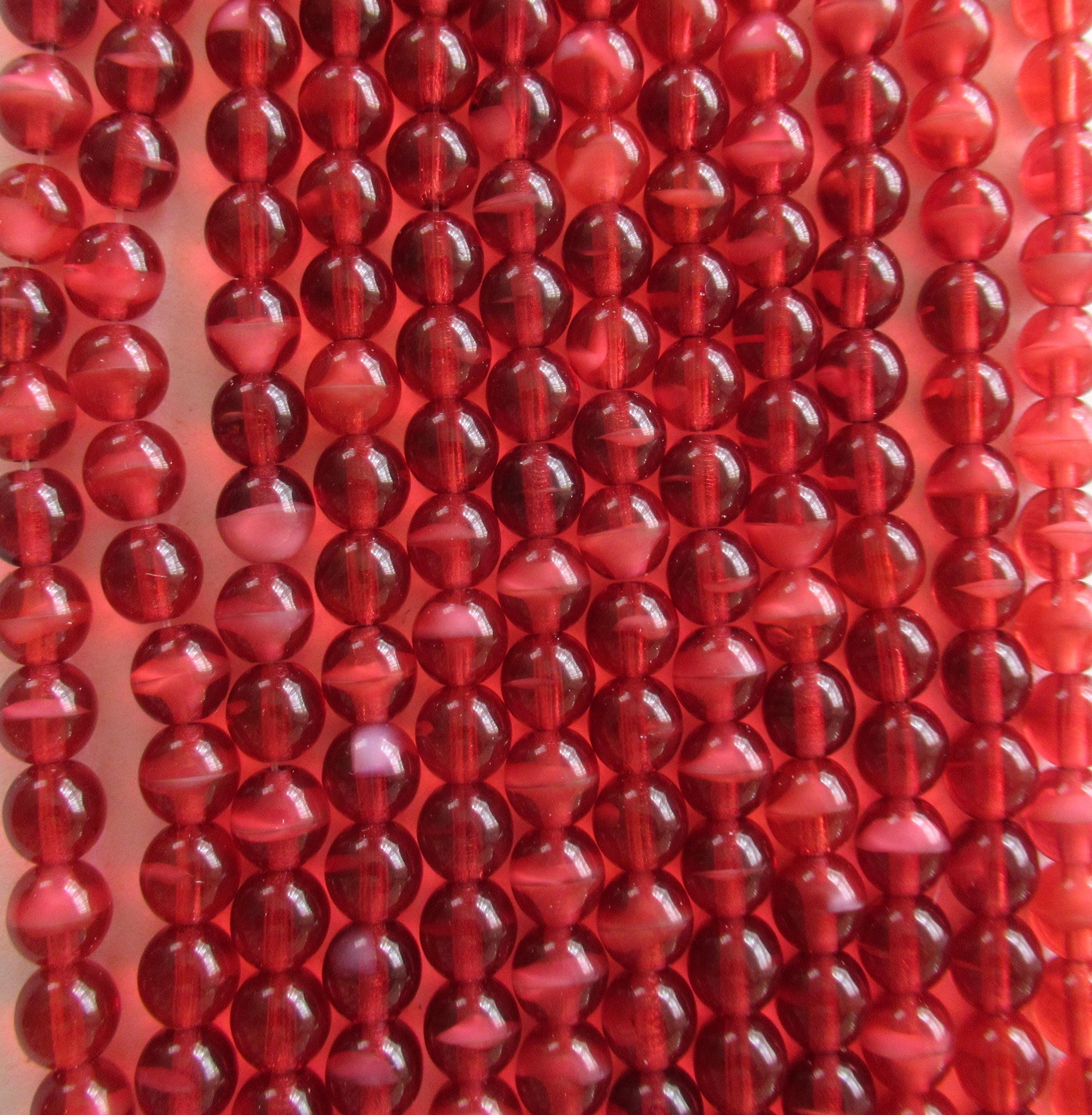 50 6mm Czech glass pink druk beads - pearl fuchsia deep pink - cranberry red smooth round druks with white hearts - C0009