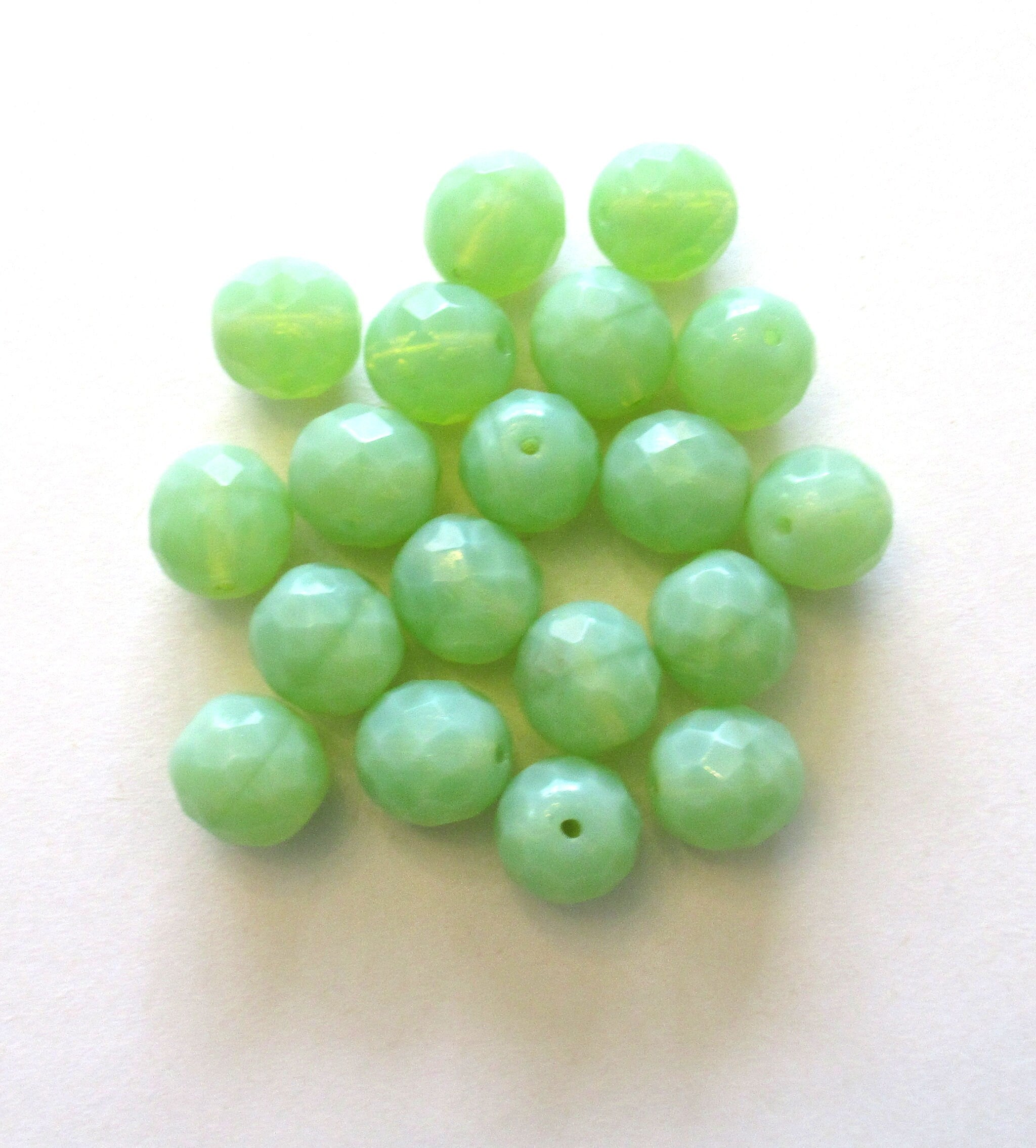 Ten 12mm Czech glass beads - milky mint green opal faceted fire polished round beads C00451