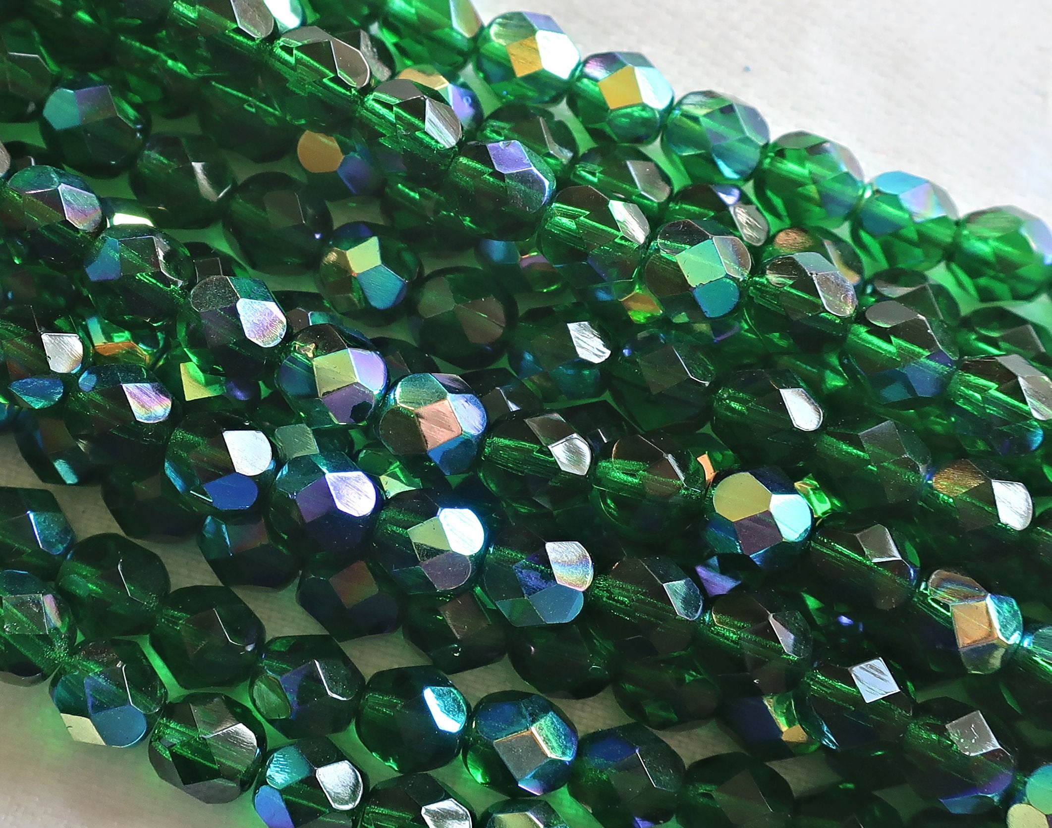 25 6mm Emerald Green AB Czech Glass beads, fire polished faceted round glass beads C7501