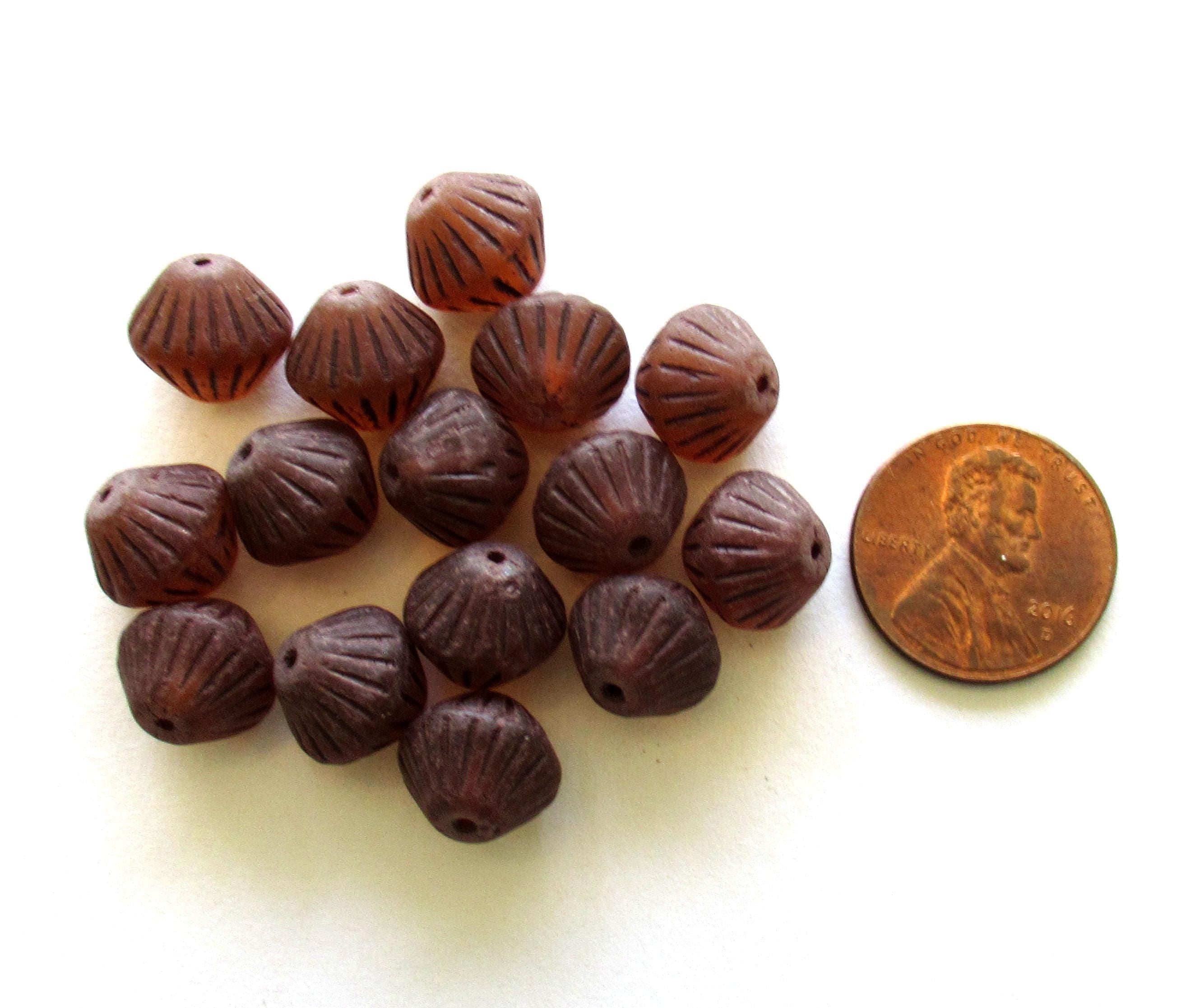 Five Czech glass bicone beads - 11mm x 10mm - translucent matte topaz brown - large chunky, rustic bicones - C0084