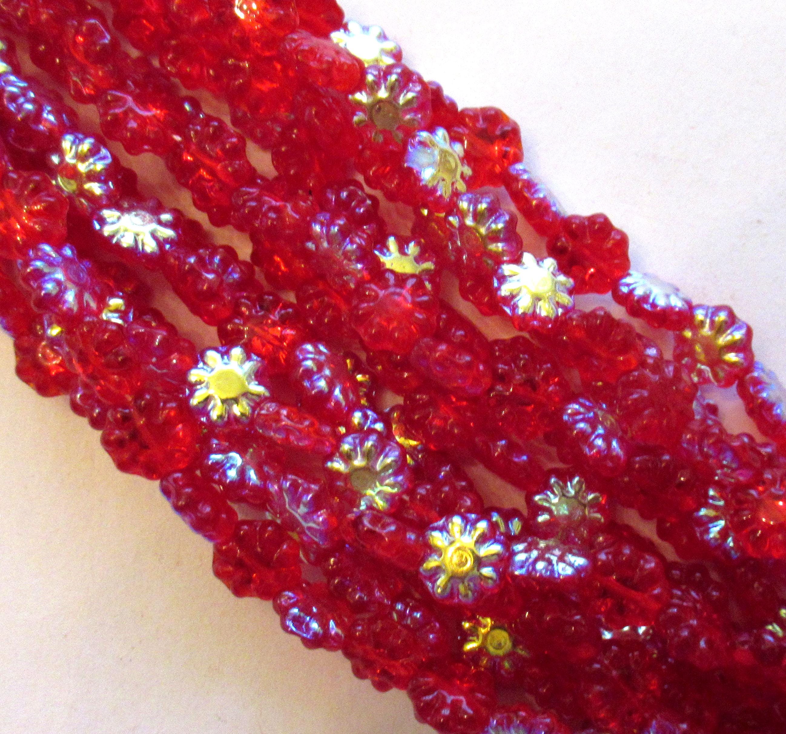 25 9mm Czech glass flower beads - transparent siam red ab daisy disc beads - pressed glass floral beads -C0063