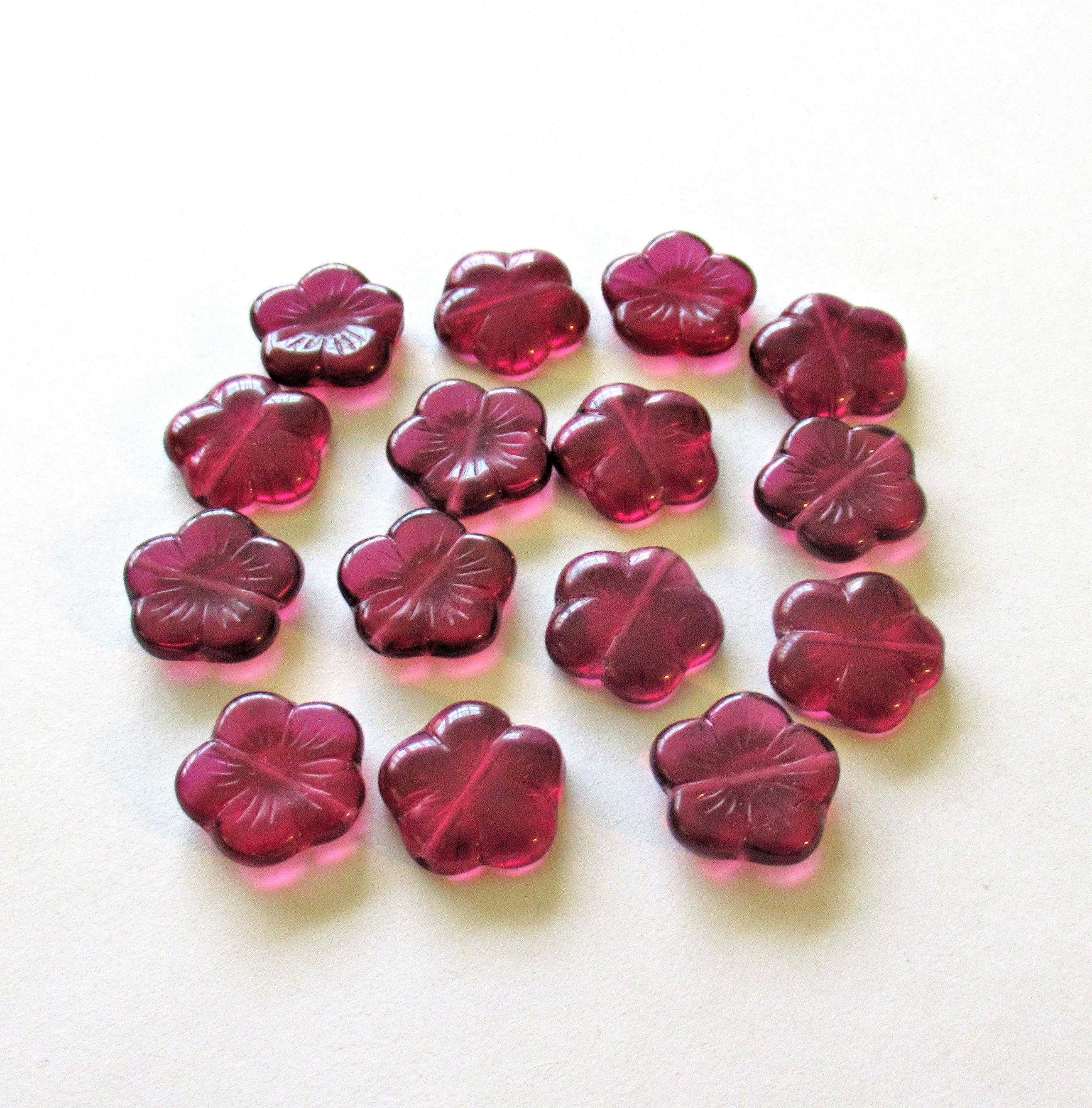 Ten 14mm Czech glass flower beads - transparent fuchsia pink - pressed glass floral beads - C0881