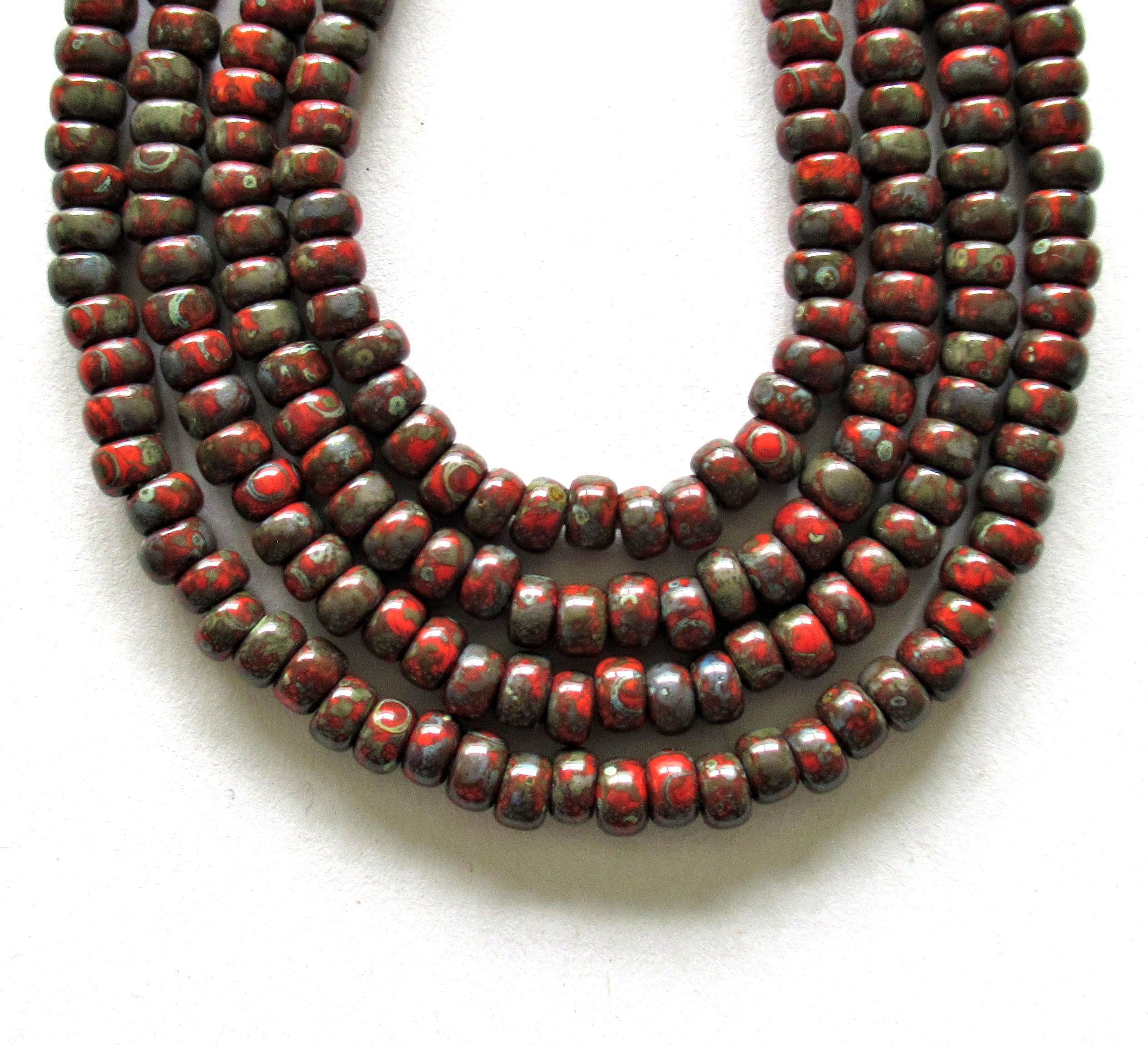 6/0 Czech glass aged seed beads - opaque red picasso beads - one 24 inch strand - approx 218 beads - C00755