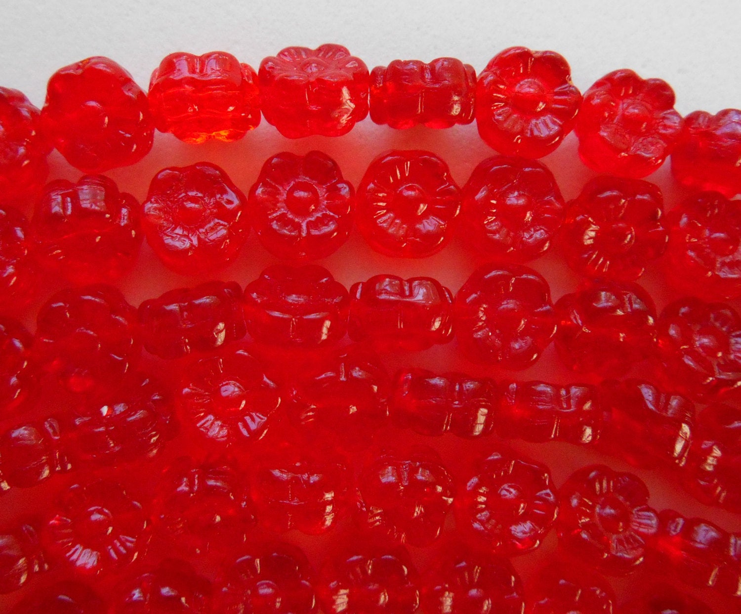 25 6mm Siam Red Czech glass flower beads, pressed glass red flower beads, C4001