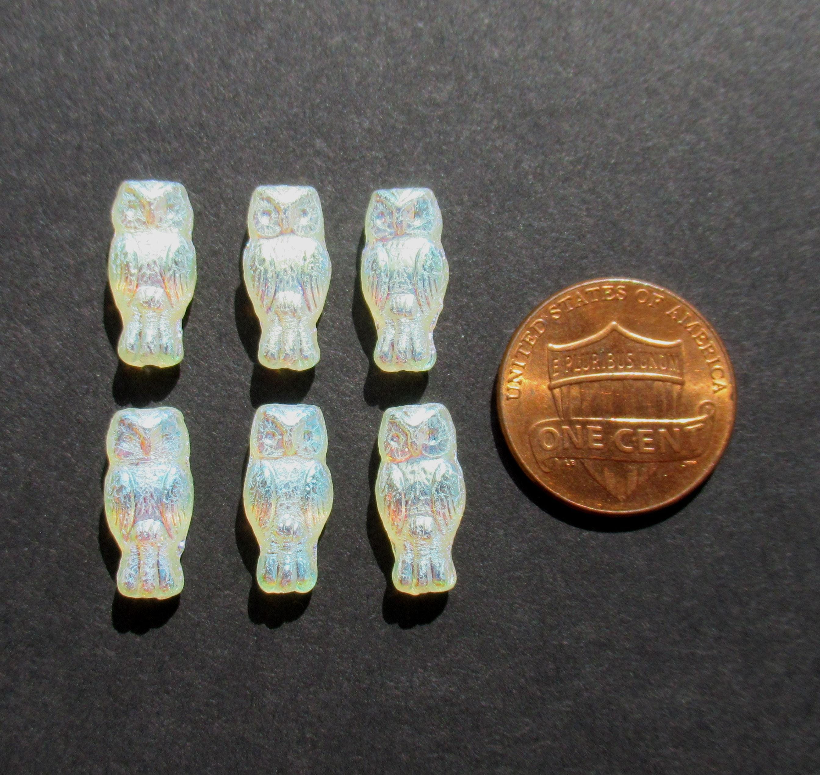 10 Czech glass owl beads - top drilled 7 x 15mm - light yellow or jonquil ab - pressed glass beads C0008