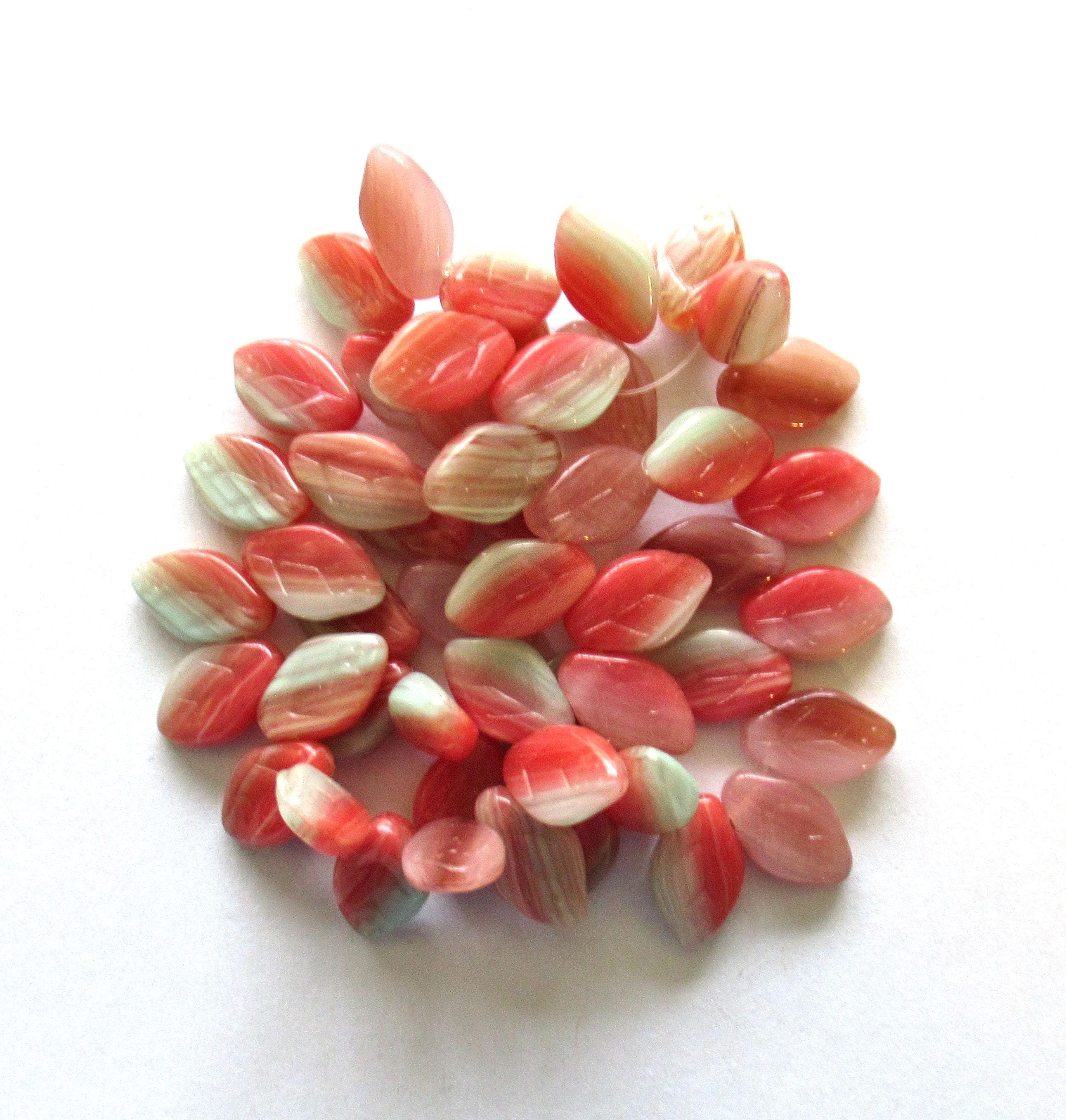 25 Czech glass leaf beads -green & orange marbled mix - 12 x 8mm - side drilled leaves - C00501