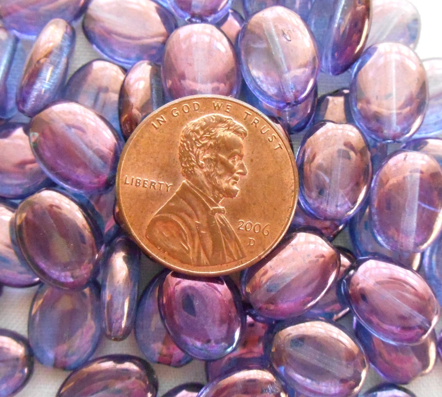 25 Lumi Amethyst, Purple Iridescent flat oval Czech Glass Pearl beads, 12mm x 9mm pressed glass beads C0095