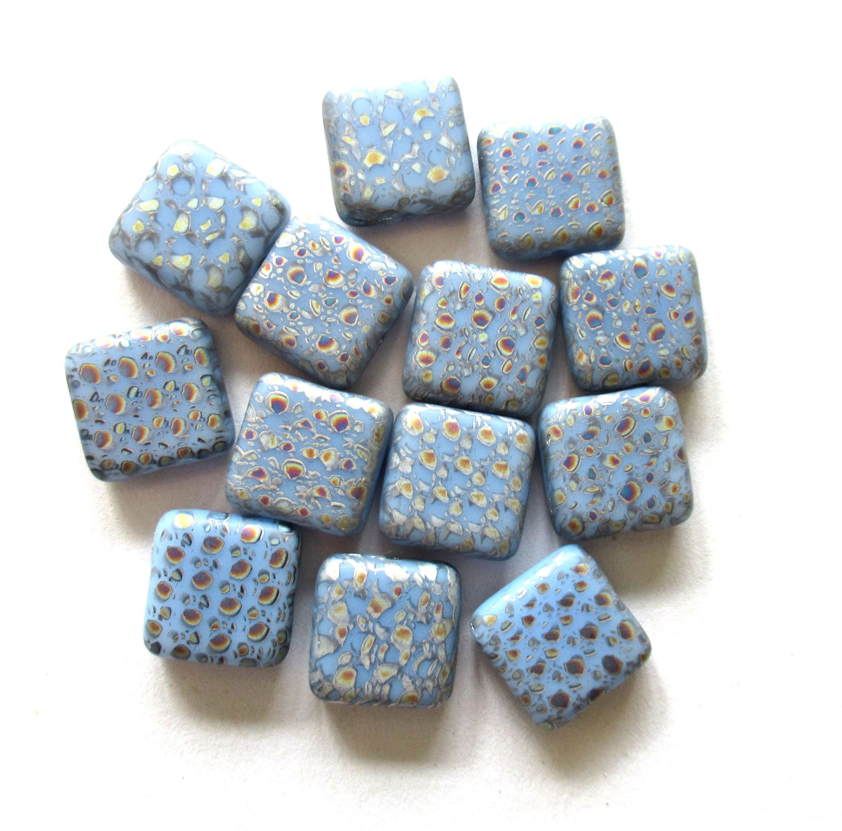 Ten 11mm Czech glass square peacock beads - opaque light blue laser etched beads with an iridescent abstract pattern C00651