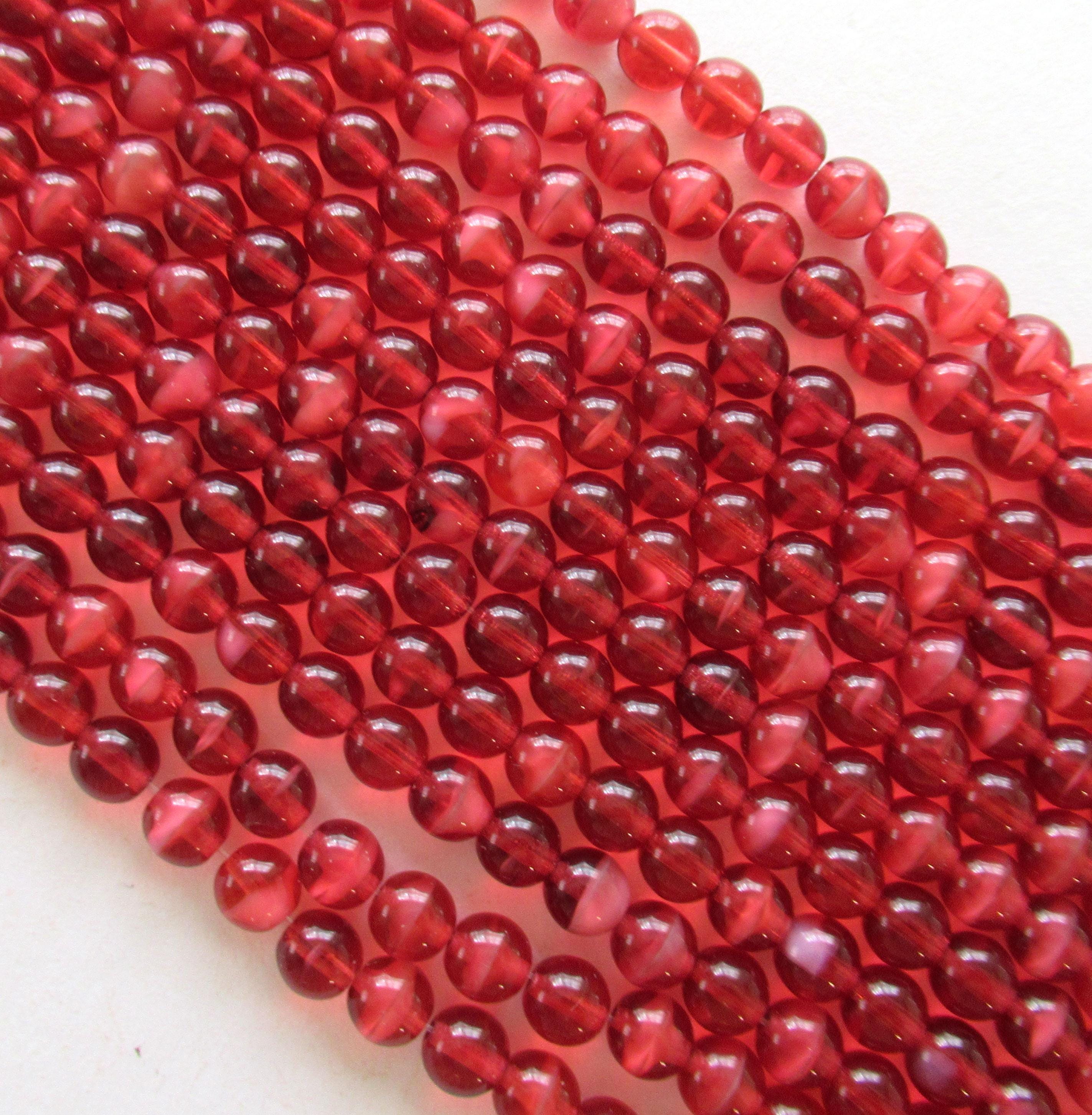 50 6mm Czech glass pink druk beads - pearl fuchsia deep pink - cranberry red smooth round druks with white hearts - C0009
