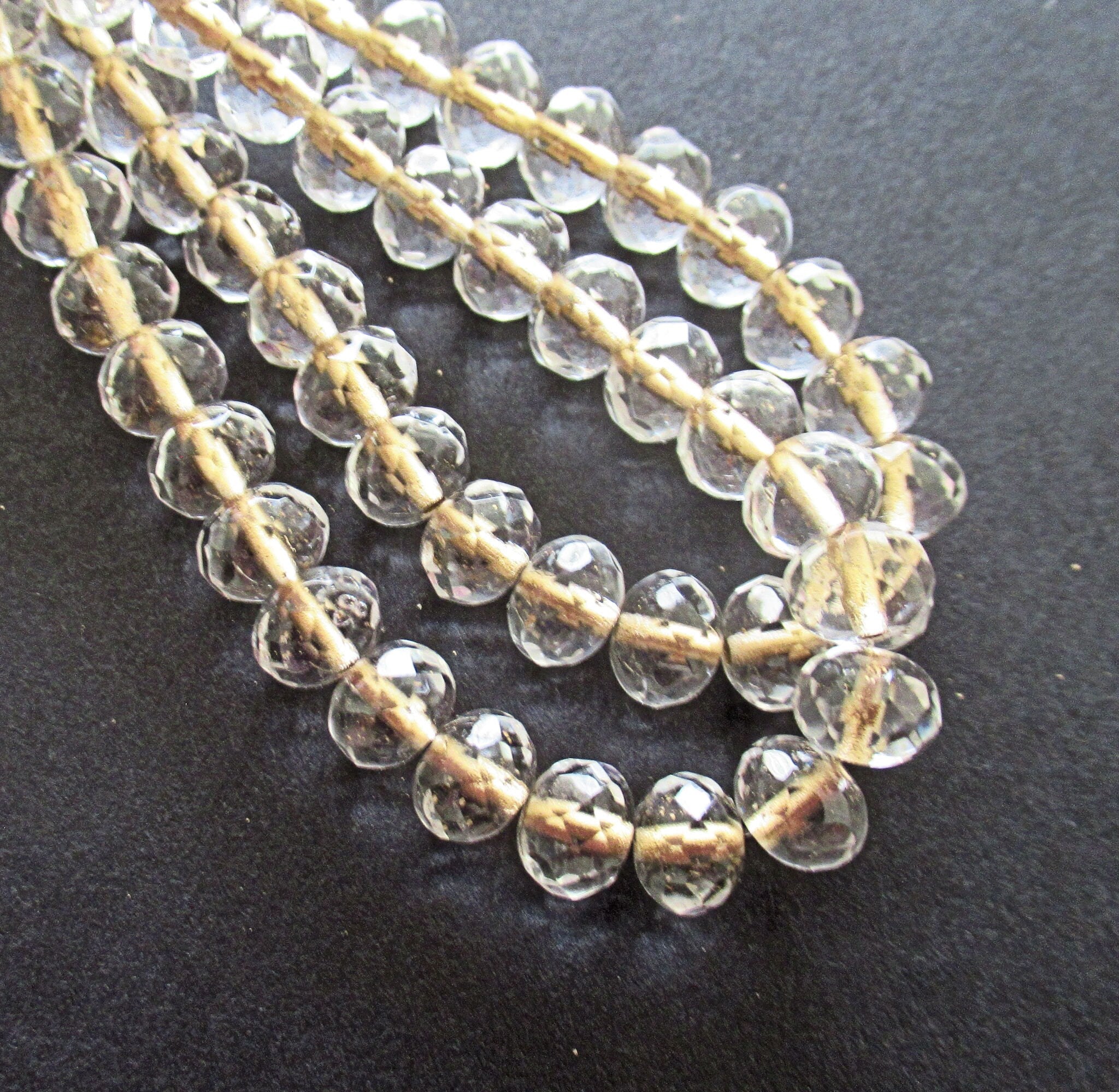 25 Czech glass puffy rondelle or donut beads - 5 x 7mm crystal clear gold lined beads - fire polished faceted rondelles 00031