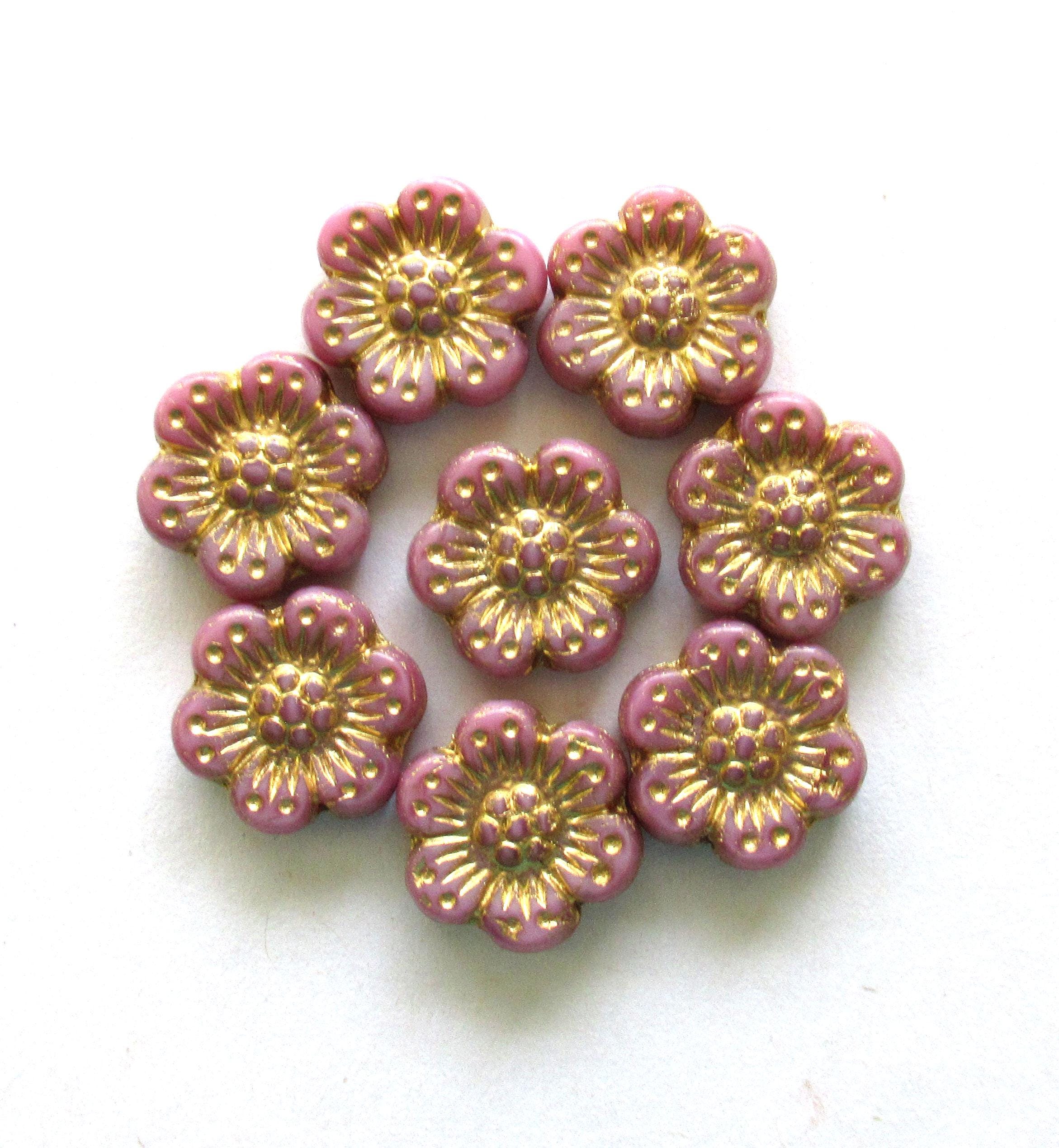 Czech glass wild rose flower beads - 14mm - opaque pink floral beads with a gold wash - -10 beads - C00122