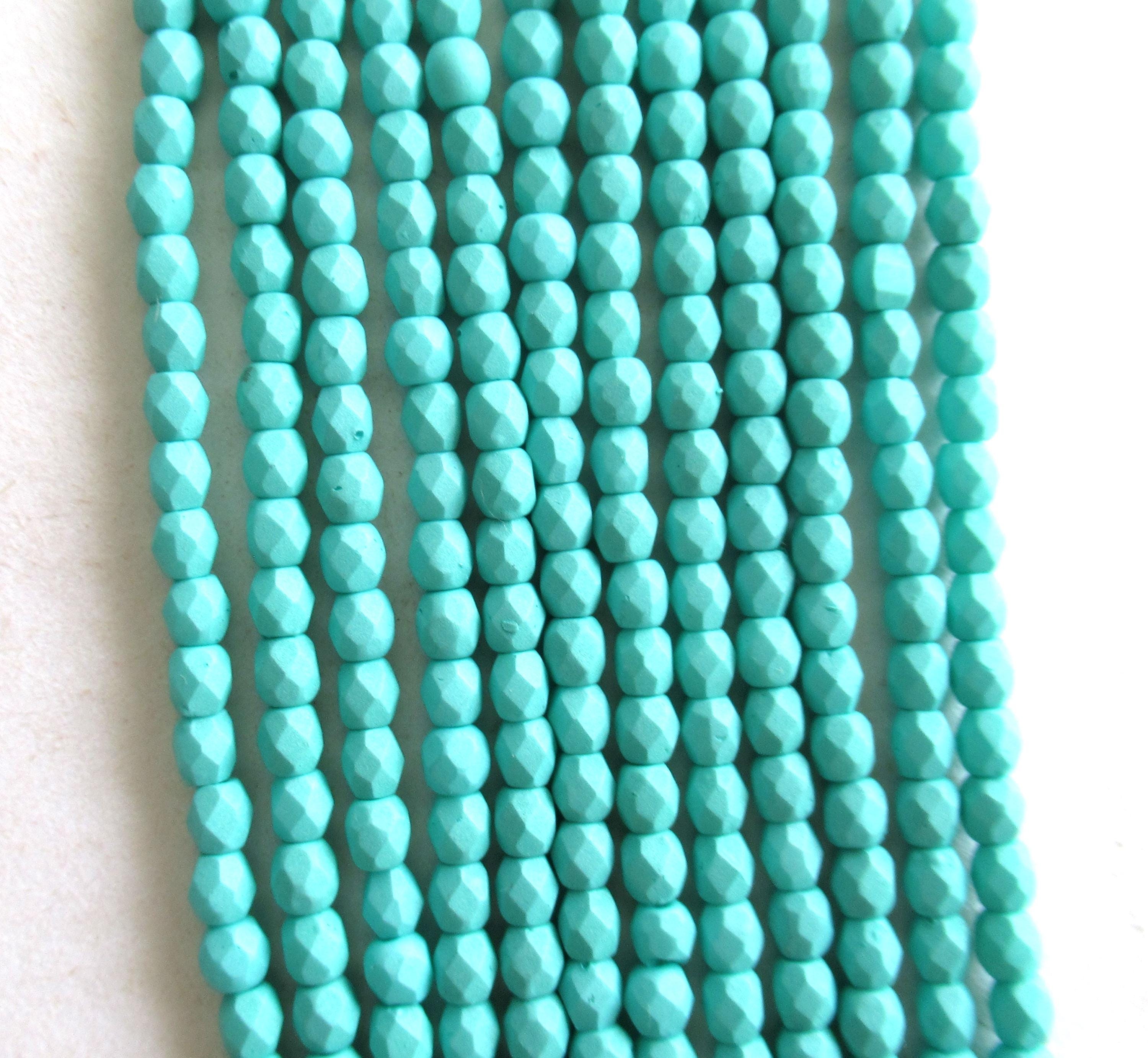 Fifty 3mm Czech glass beads - opaque matte saturated teal / turquoise blue green - fire polished faceted round beads - C0097