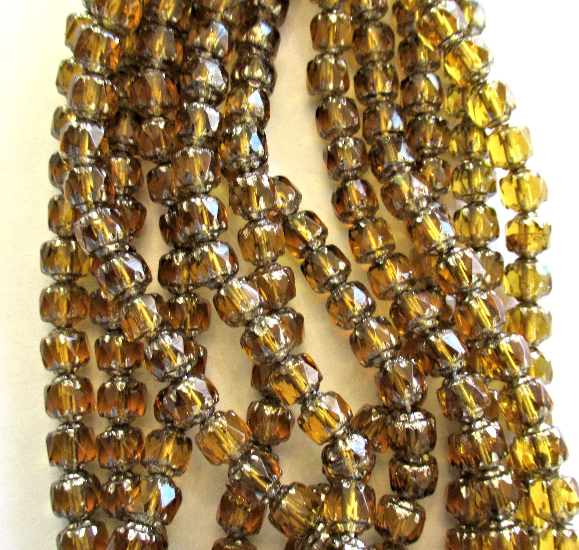 Lot of 25 Czech glass antique cut cathedral beads - topaz brown w/ silver picasso accents - faceted, fire polished beads - C00201