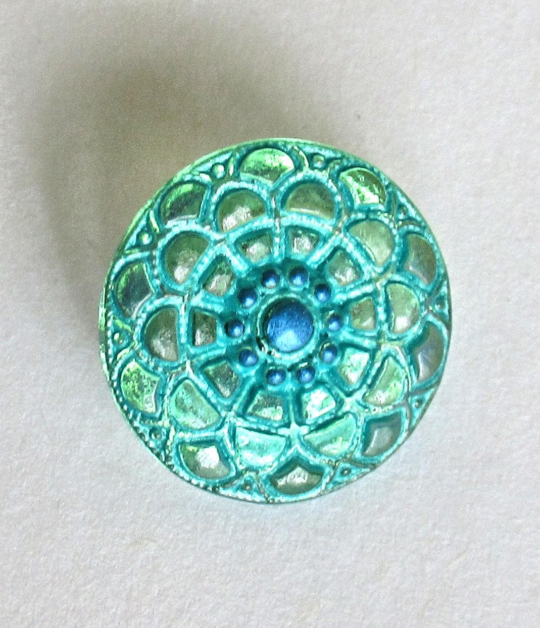 One 18mm Czech glass mandala button - iridescent green button with a blue center & a green wash - decorative shank button - 00072