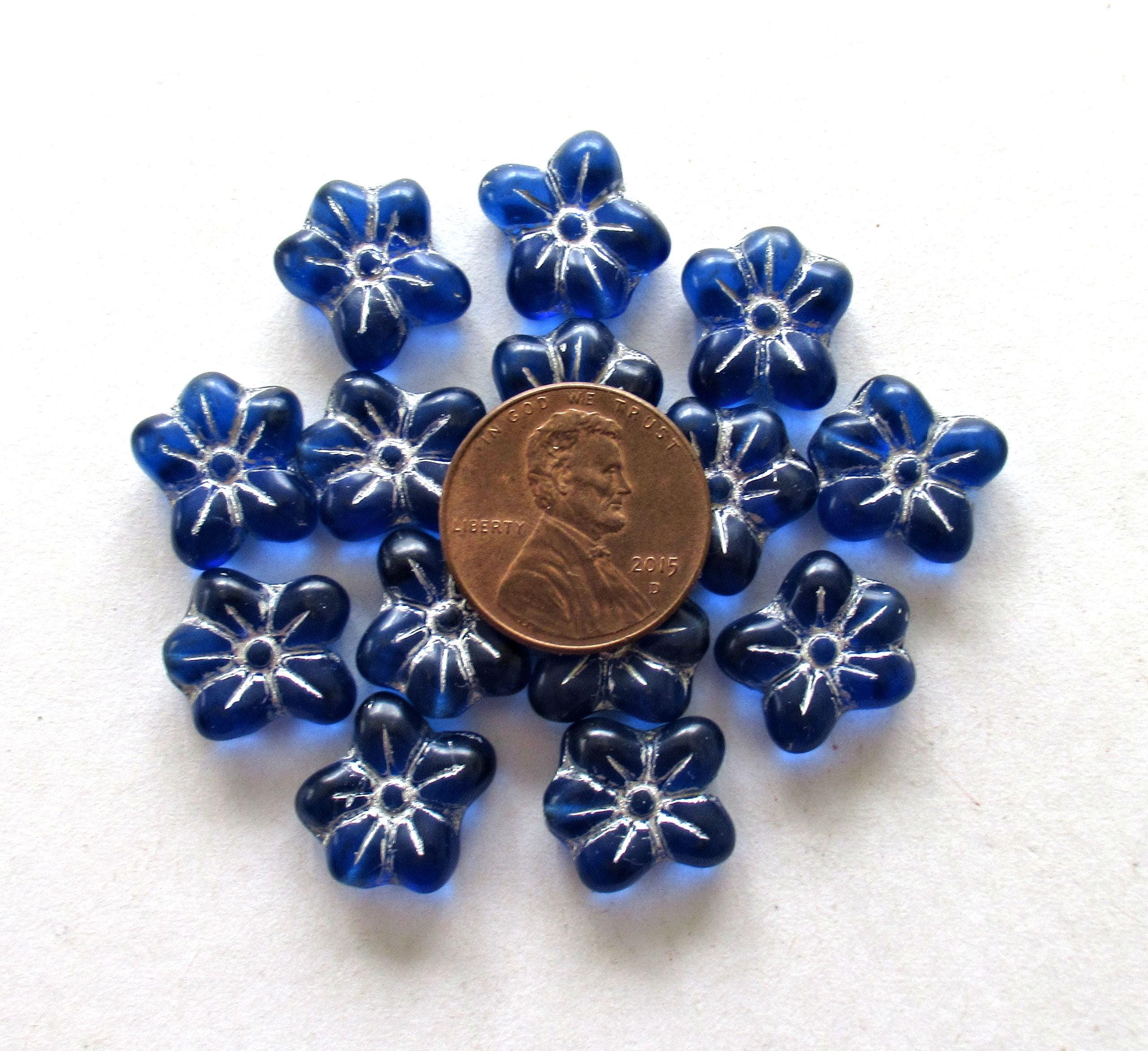 Ten Czech glass flower beads - 14 X 12mm - sapphire blue with silver accents asymmetrical pressed glass flowers - C00941