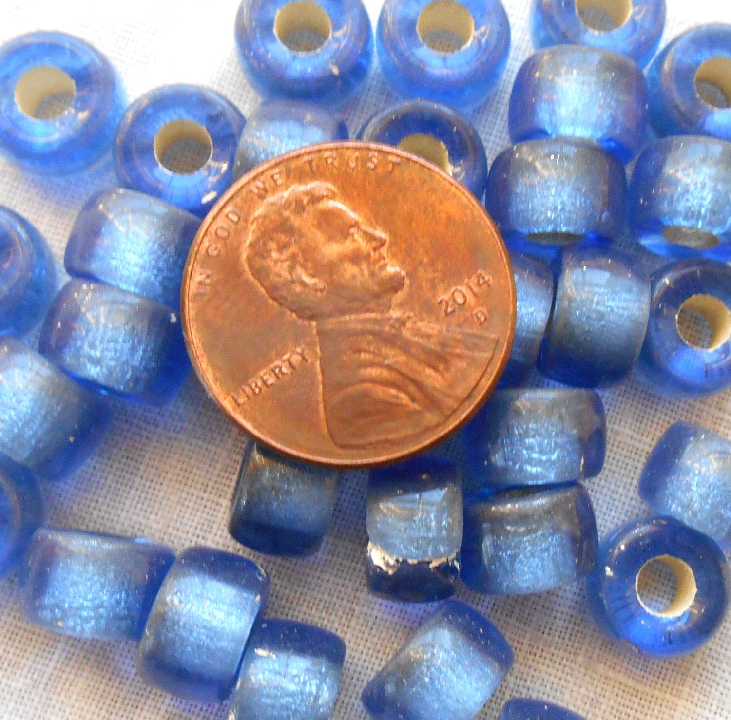 25 9mm Czech Sapphire Blue Silver Lined glass pony roller beads, large hole crow beads, C0087
