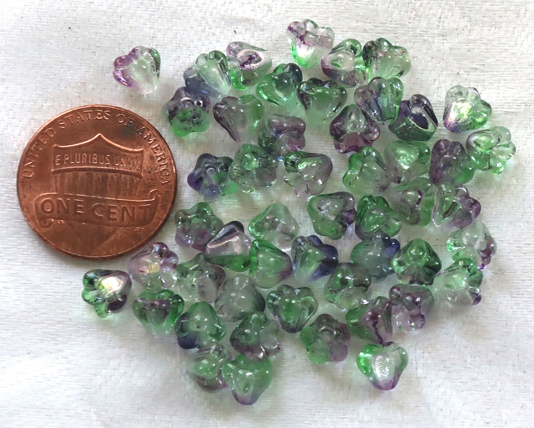 Lot of 50 6mm x 4mm Blueberry Green Tea baby Bell Flower Czech glass beads, blue/violet & green pressed glass beads C0089
