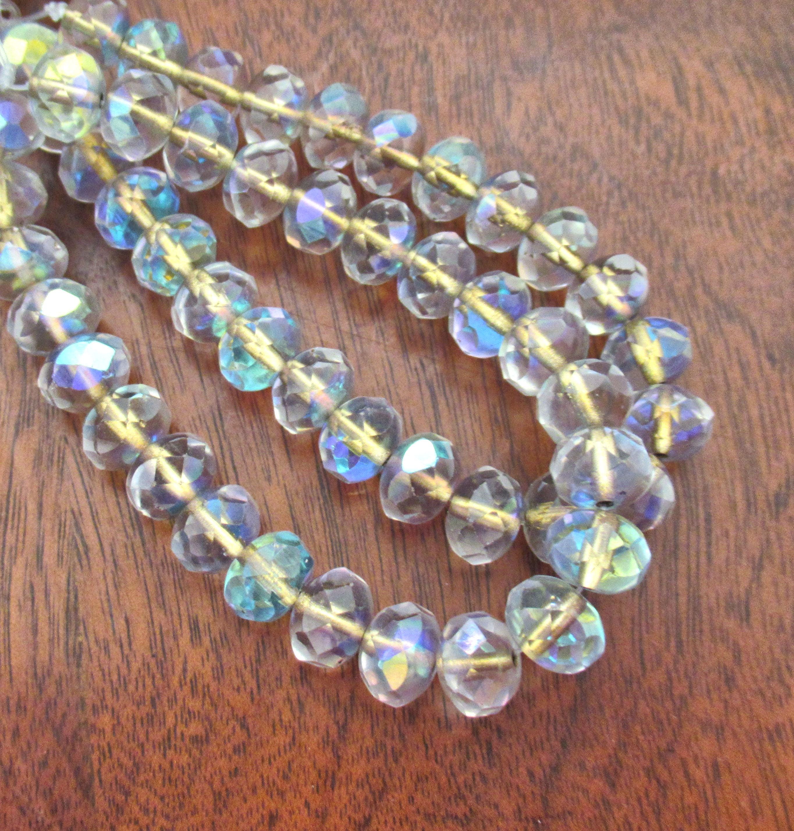 25 Czech glass puffy rondelle beads - 6 x 8mm transparent gold lined crystal clear ab beads - faceted fire polished rondelles 00971