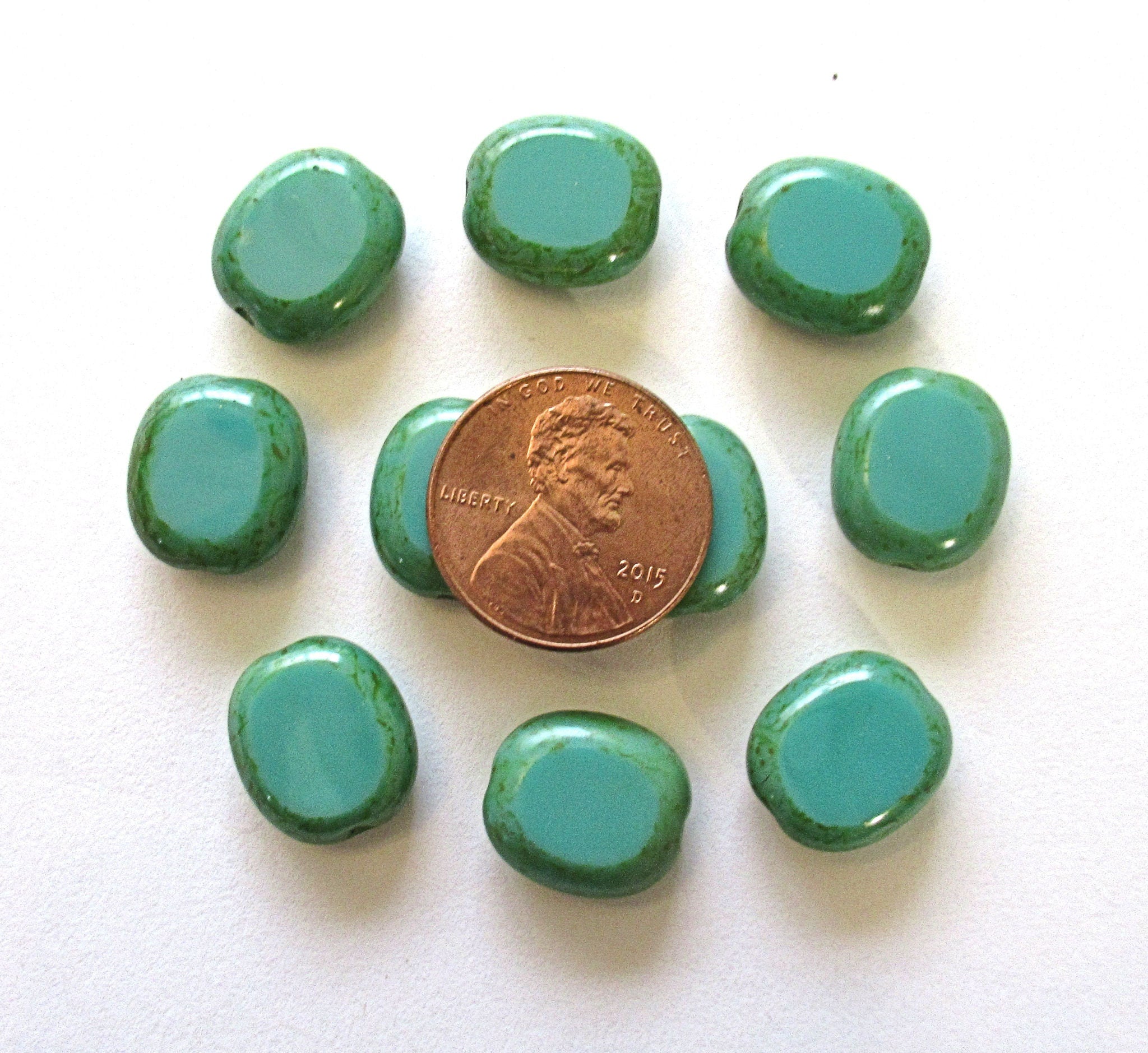Ten Czech glass oval beads - 14 x 12mm turquoise green picasso table cut window beads - 00321