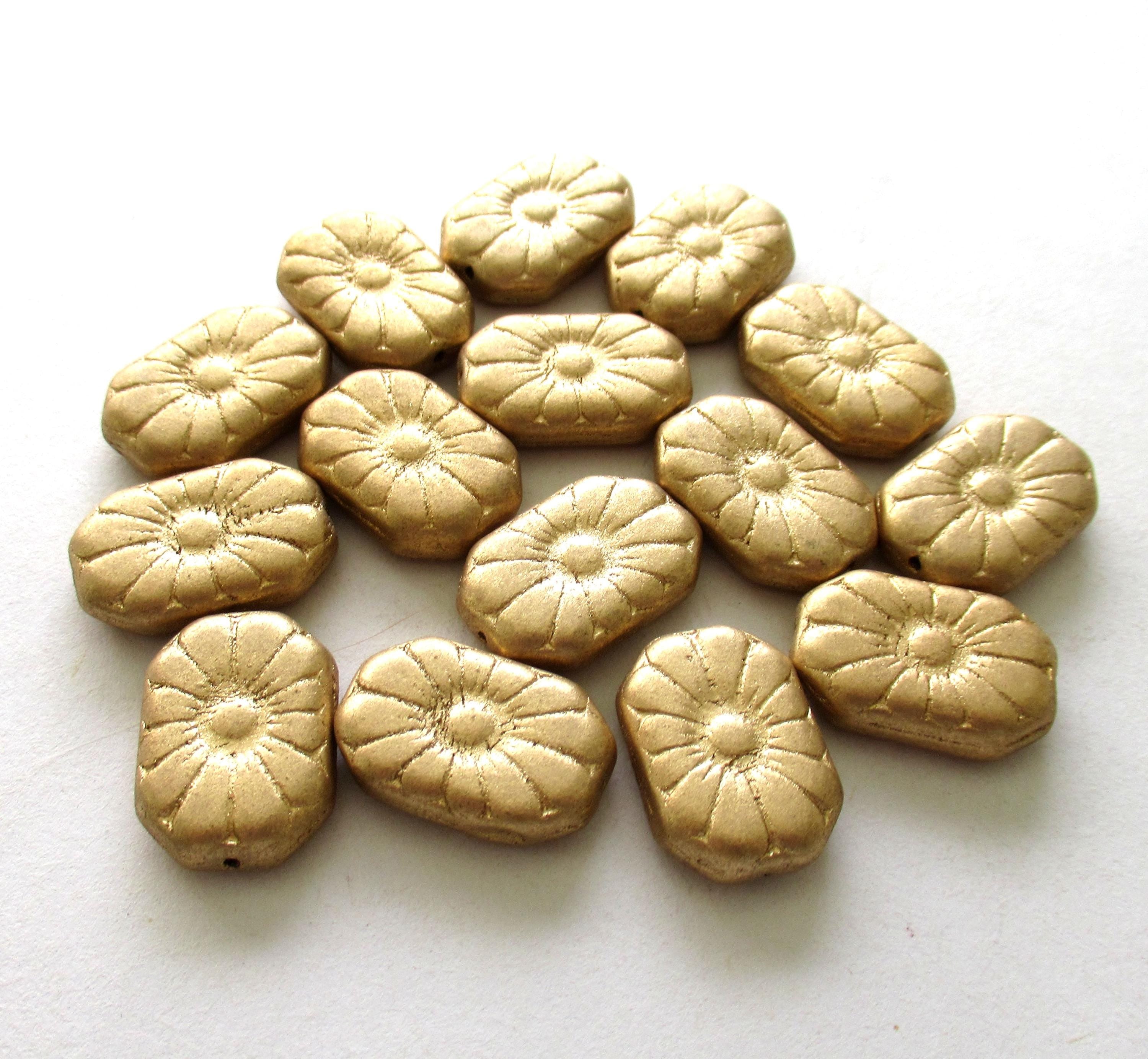 Five large Czech glass flower beads - matte gold rectangle beads - focal or statement beads - 19 x 14mm - C00011