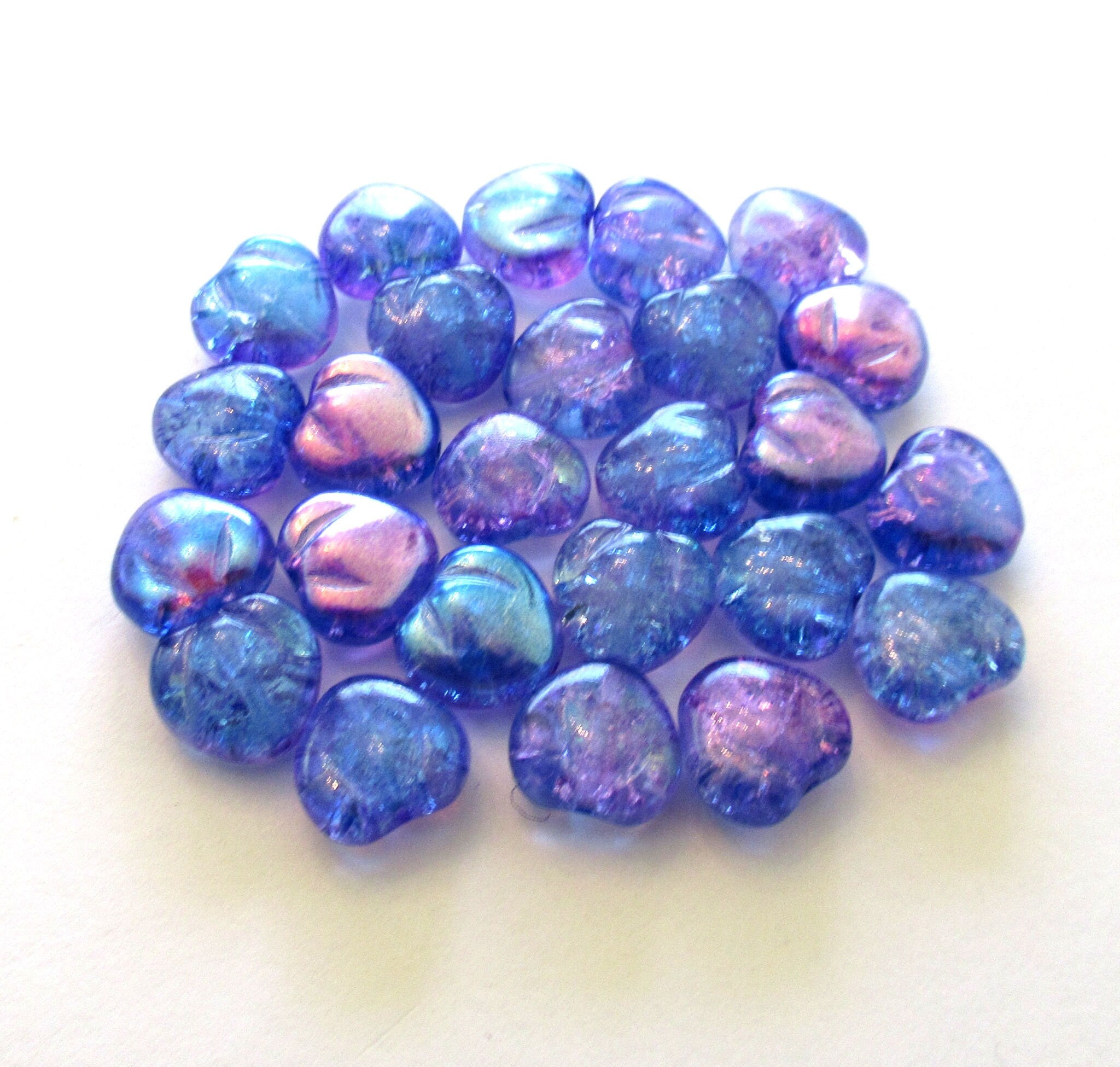 Lot of 10 Czech glass heart beads - 11mm blue and purple crackle glass hearts with an ab finish - C0049