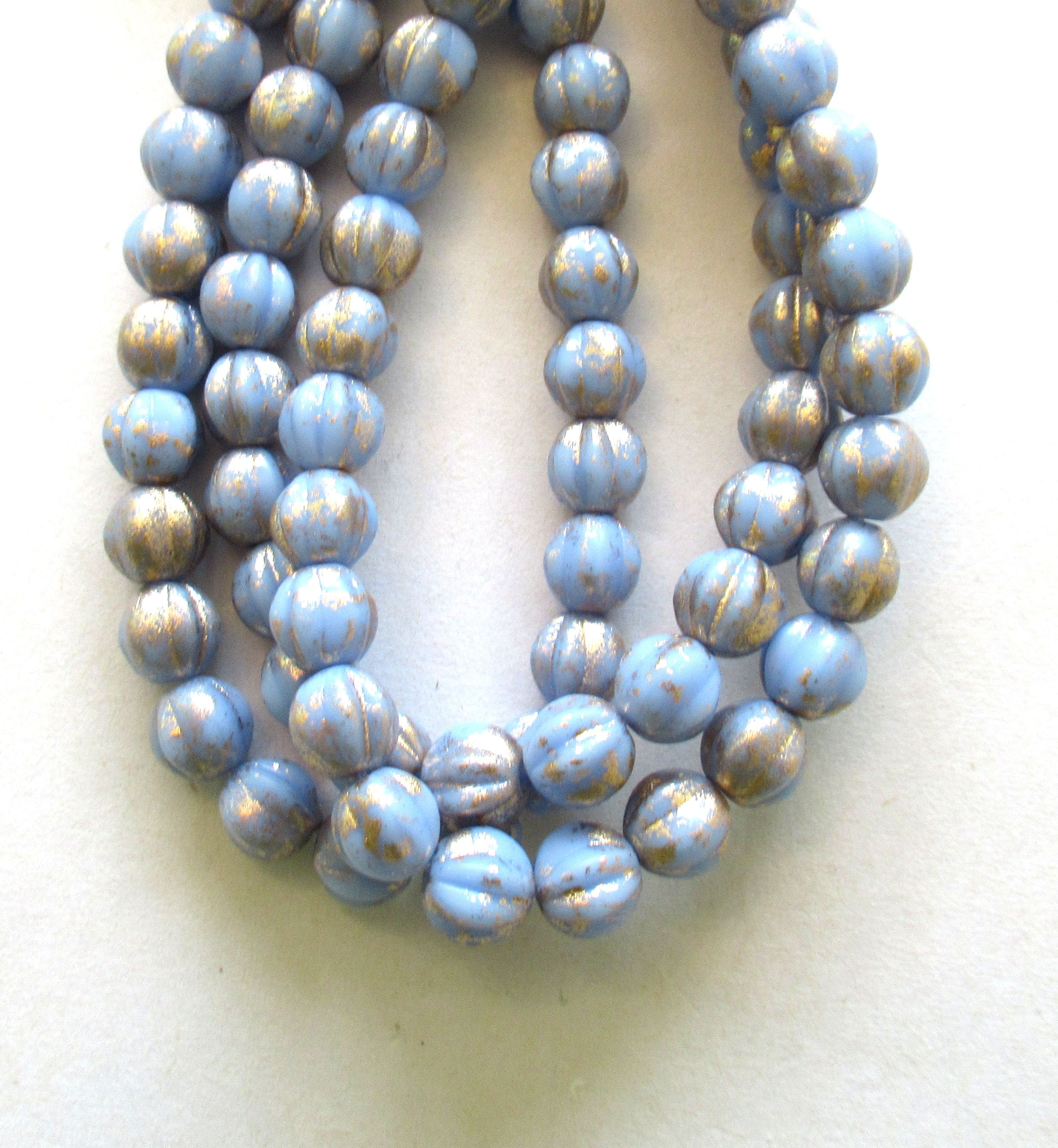 25 Czech pressed glass melon beads - 6mm opaque light periwinkle blue with gold accents - C0018