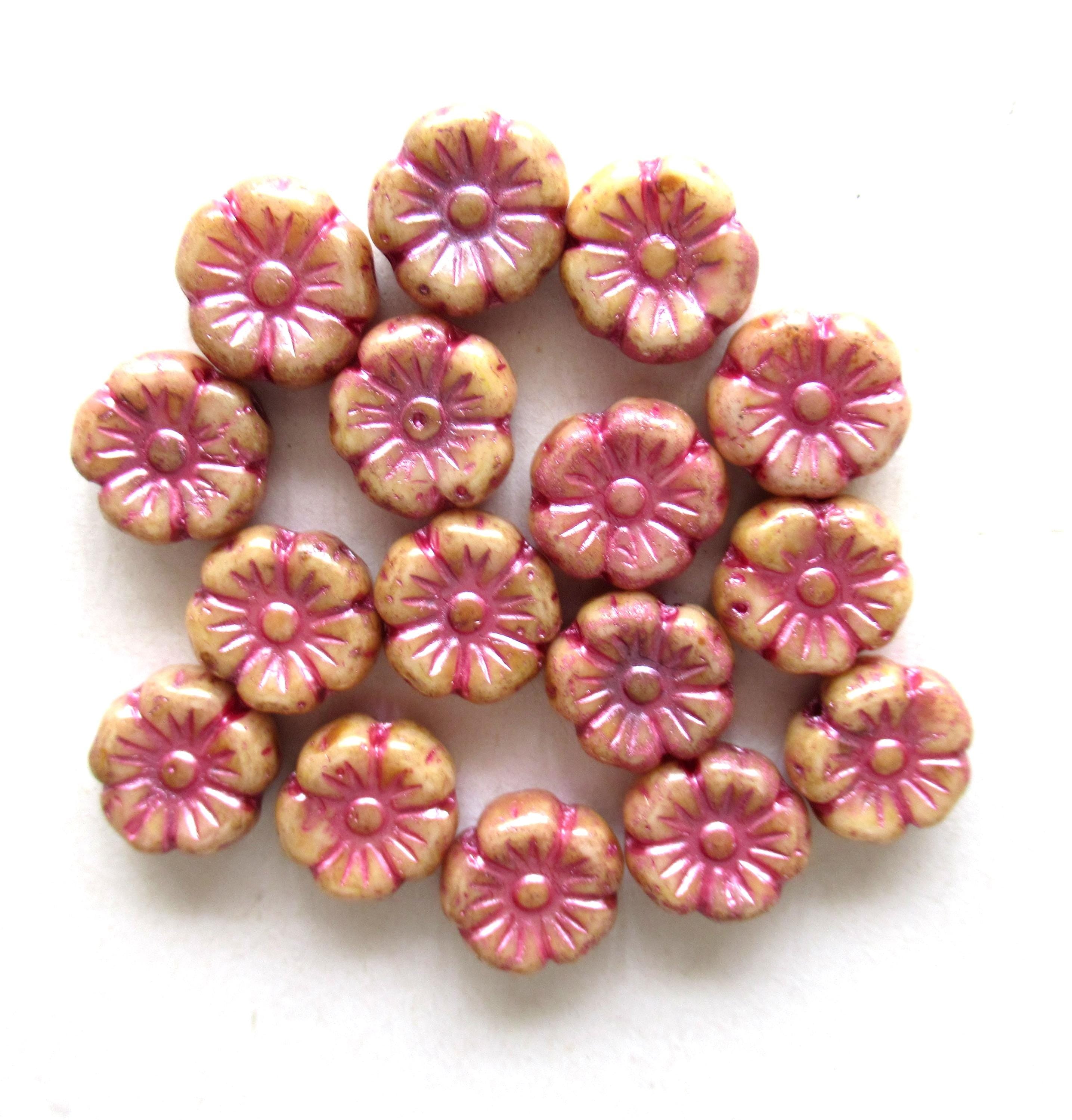 Lot of 16 9mm Czech glass flower beads - off white picasso beads w/ a pink wash - Hawaiian hibiscus flower beads C00071