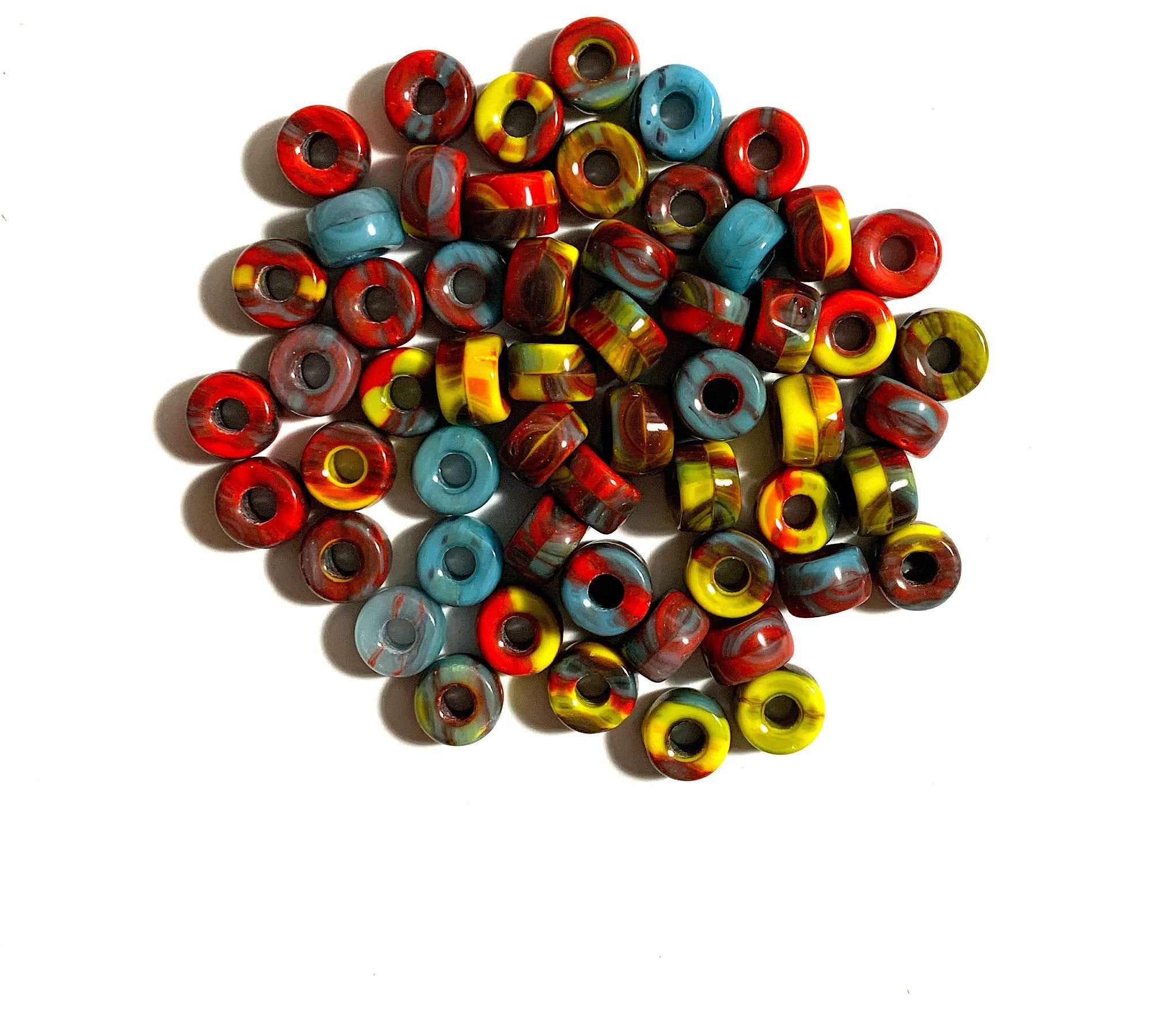 Twenty-five 9mm Czech glass pony, crow, roller beads - marbled color mix - slag glass large hole beads - C0077