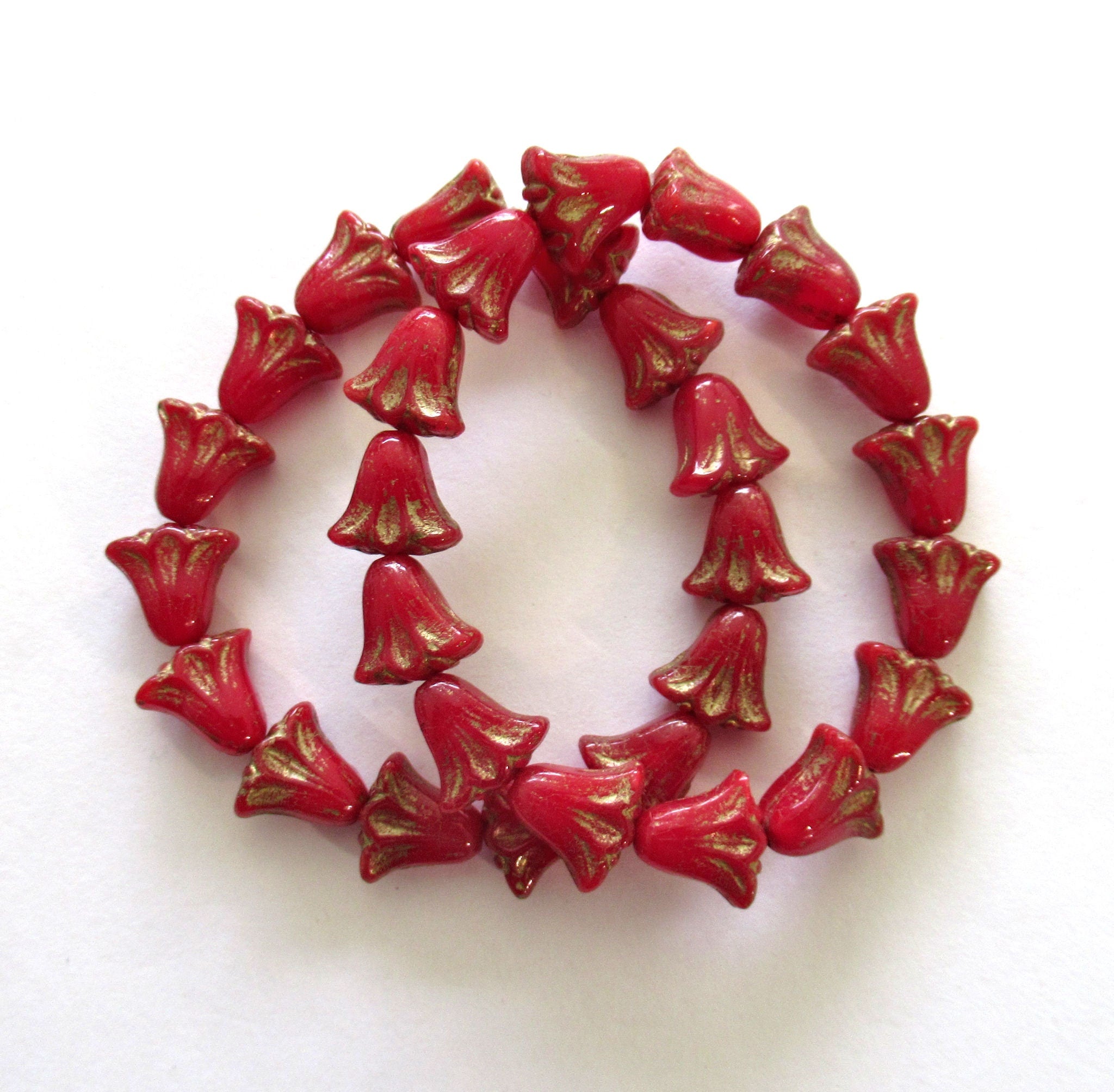 15 Czech glass flower beads - 9 x 10mm translucent red opal with a gold wash - lily flower beads C00161