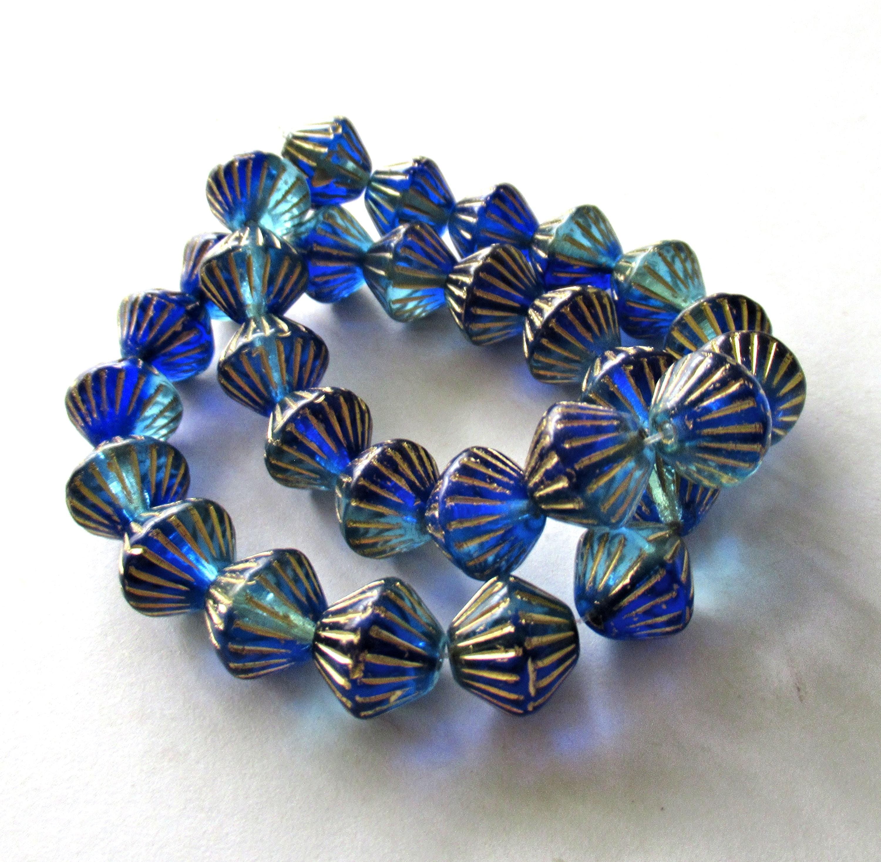 Five Czech glass bicones - 11mm x 10mm - sapphire & aqua blue mix with gold accents - carved chunky rustic bicone beads - C0057