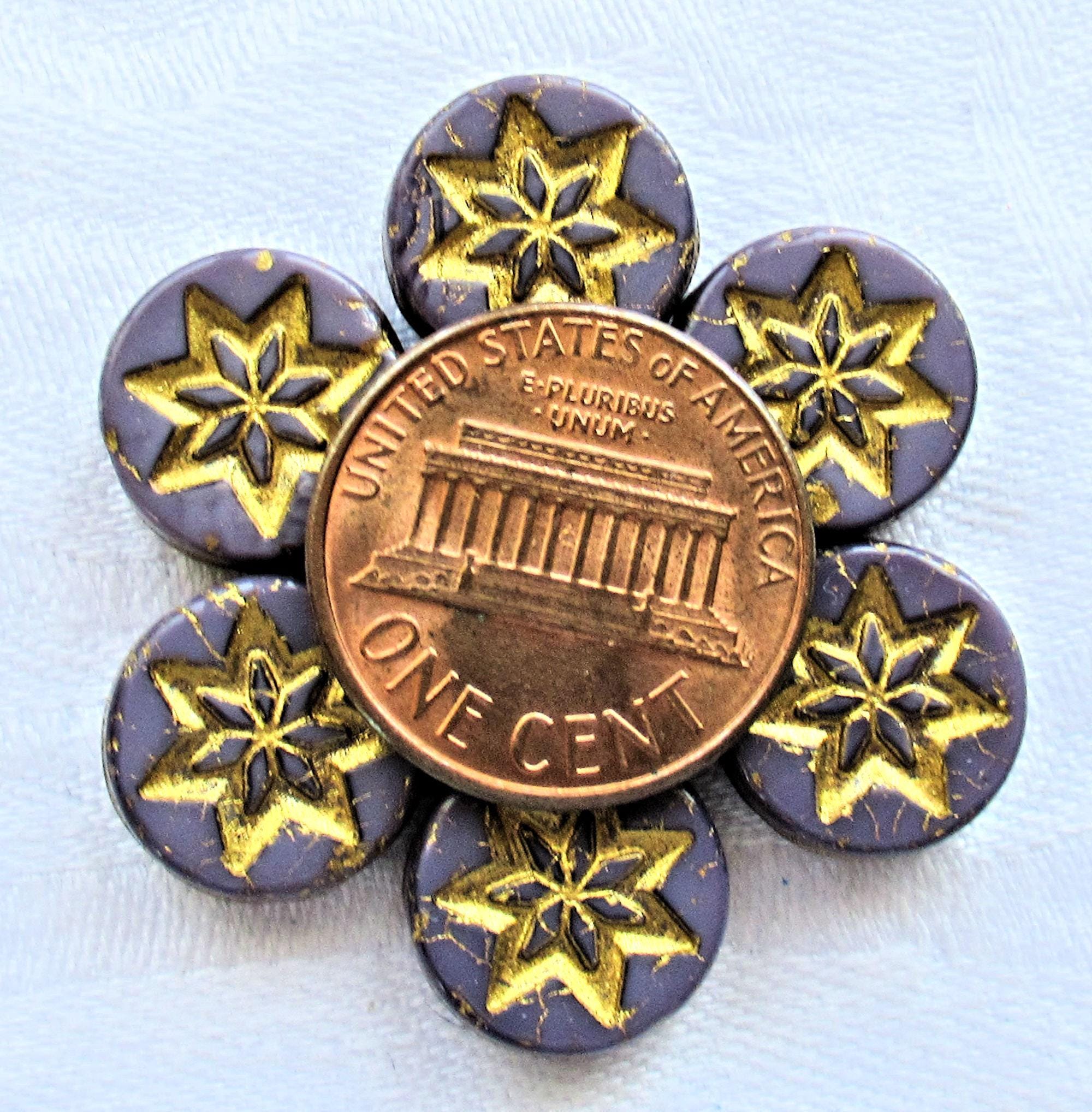 Ten 13mm coin or disc flower beads - opaque purple with a gold wash - Czech glass star beads - 4.5mm thick C08201