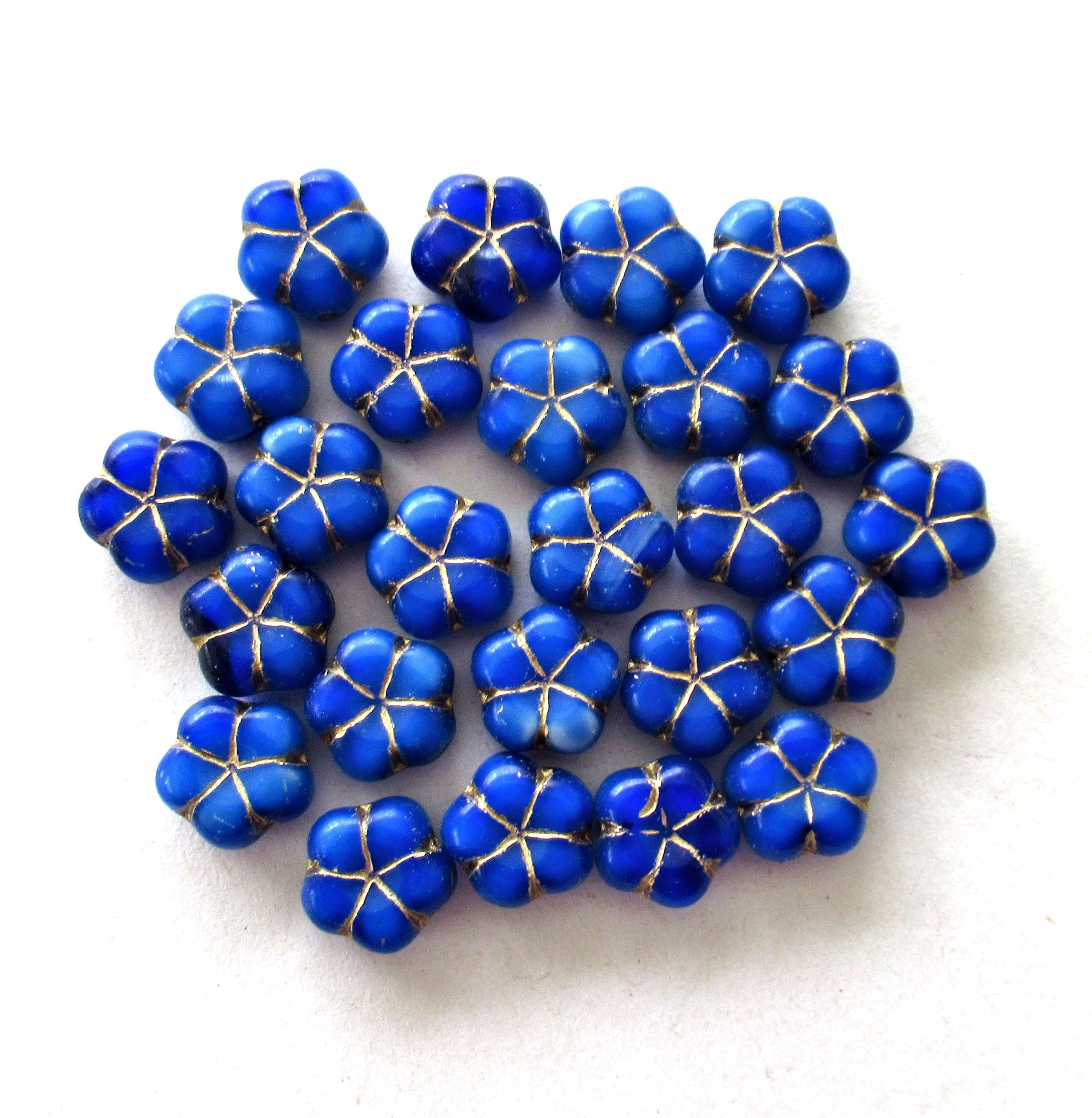 Czech glass flower beads - 10mm - opaque royal blue flowers with gold accents - 15pieces - C00231