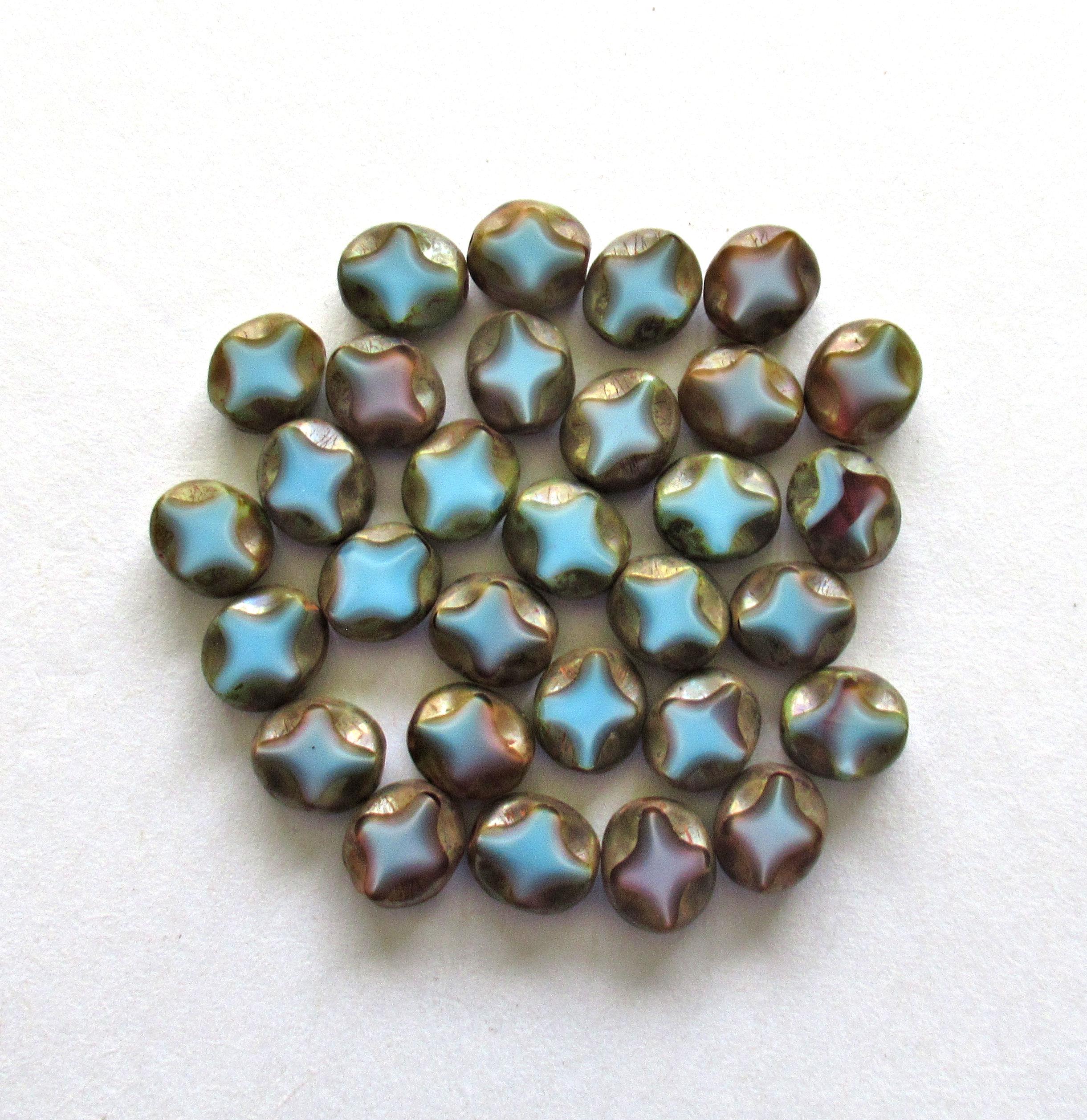 15 Czech glass oval beads - 9 x 8mm - blue w/ some purple & a Picasso finish - carved table cut beads with a diamond pattern - C0251