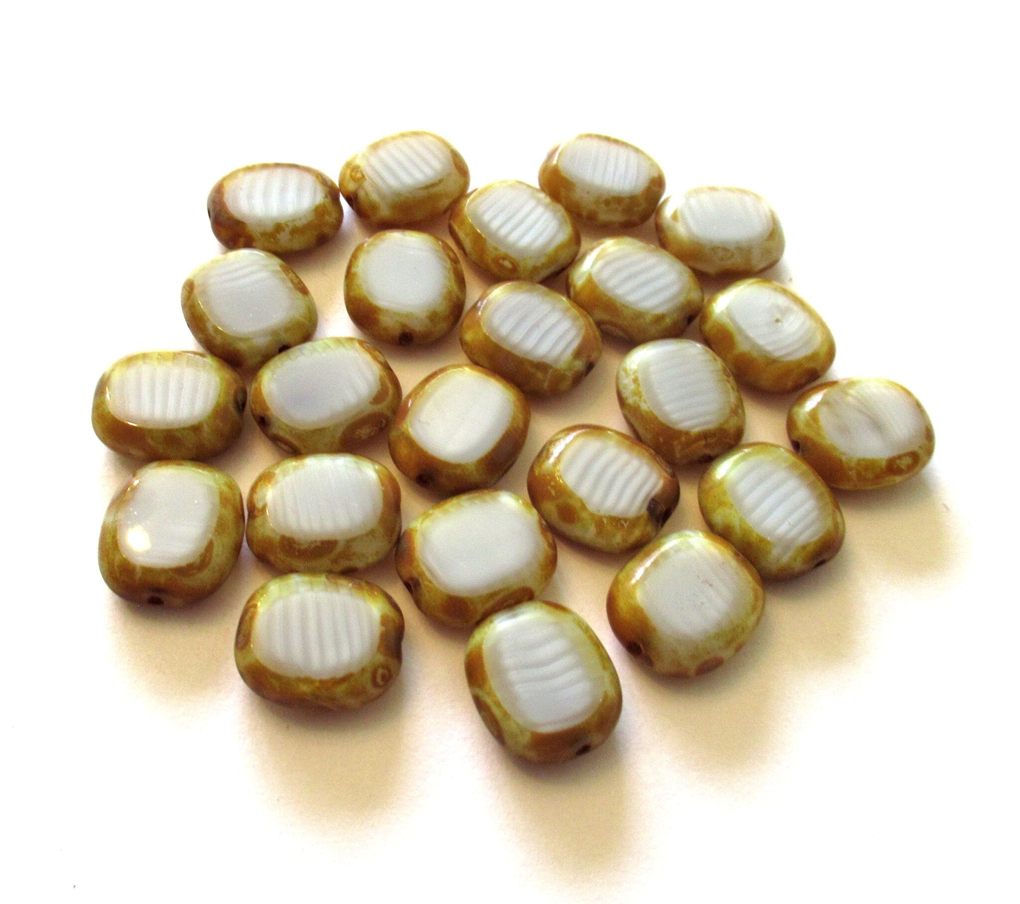 Six Czech glass oval beads - 14 x 12mm marbled slightly gray white with picasso table cut window beads - 00231