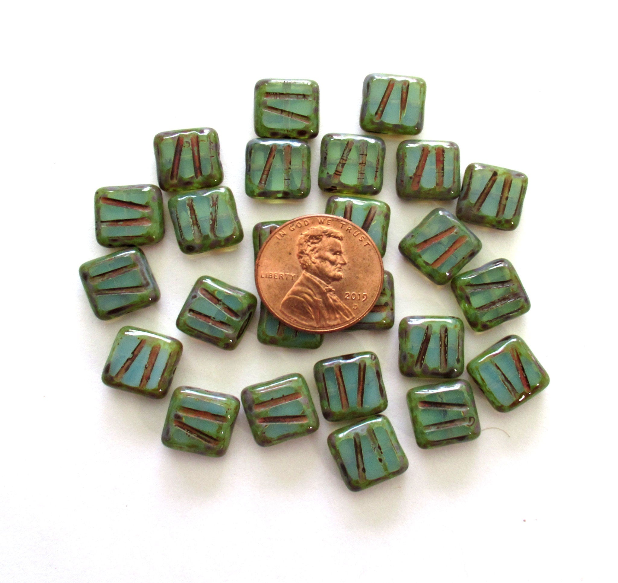 Ten Czech glass square beads - milky light aqua blue w/ picasso accents - 10mm carved, table cut striped zebra beads - C0049