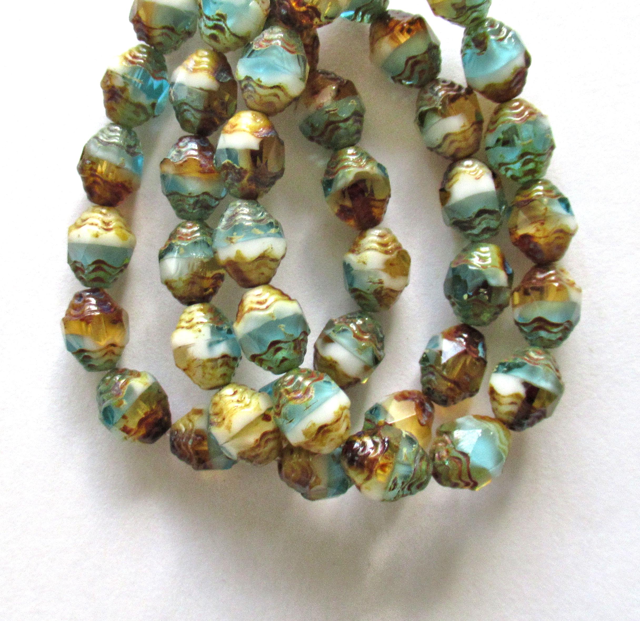 15 Czech glass mini antique style faceted oval cathedral beads - 8 x 6mm amber blue and white color mix beads with a picasso finish - C00071