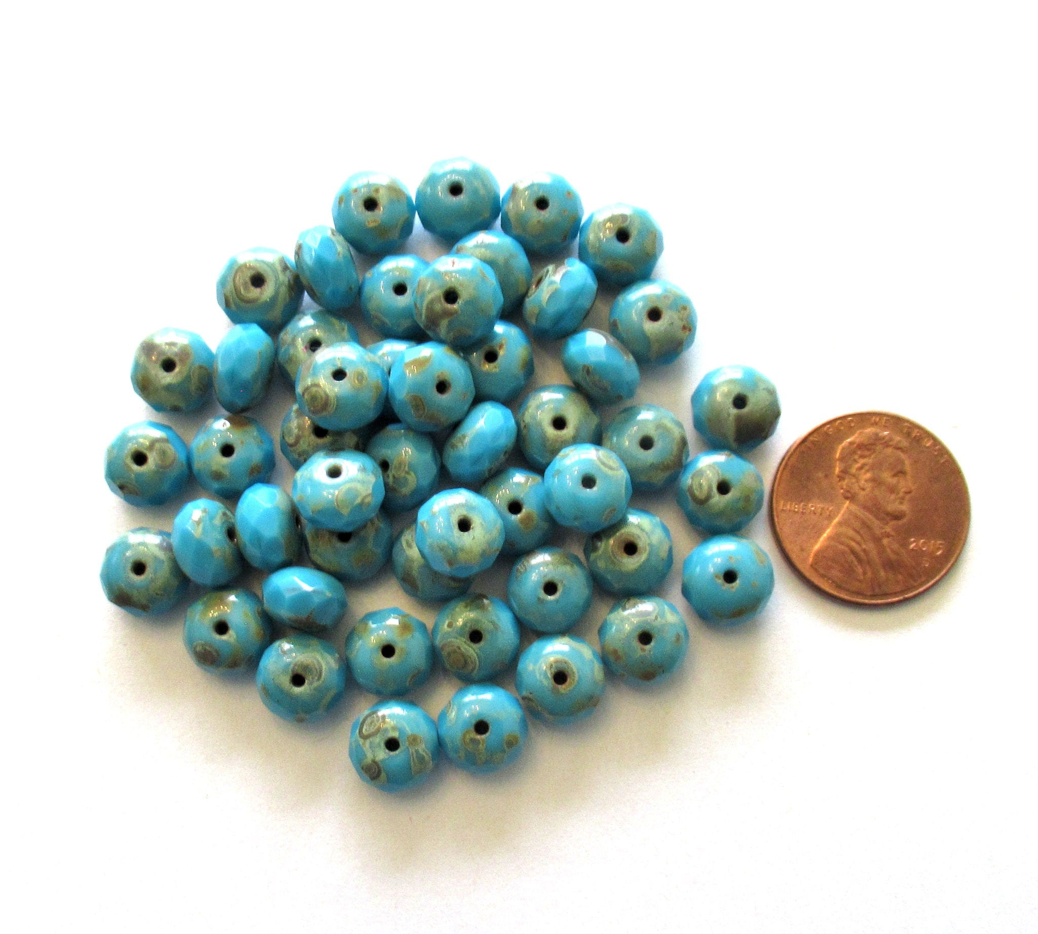 25 6 x 9mm Czech glass puffy rondelle beads - bright turquoise blue picasso faceted, fire polished beads C00522