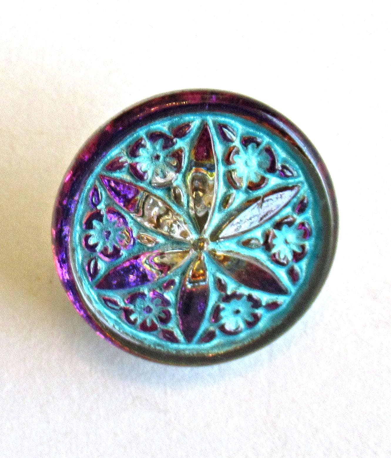 One 18mm Czech glass flower button - pink & purple flower w/ turquoise blue wash - decorative floral shank button - 00072