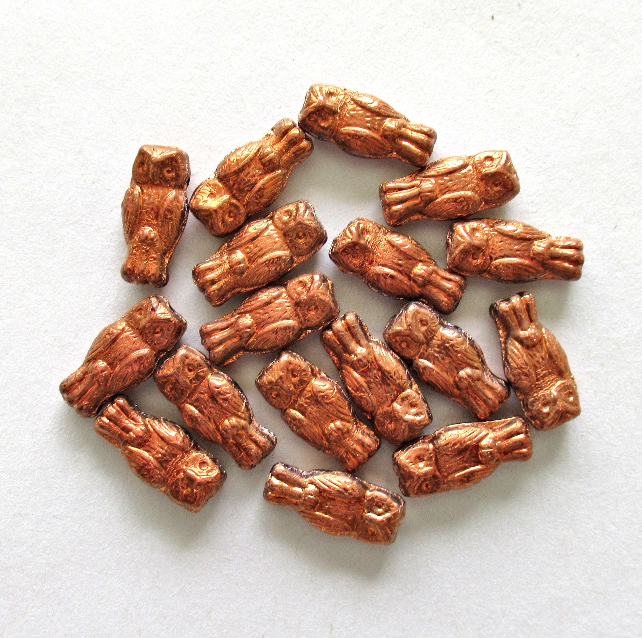 10 Czech glass owl beads - top drilled 7 x 15mm - metallic copper - pressed glass beads C0008