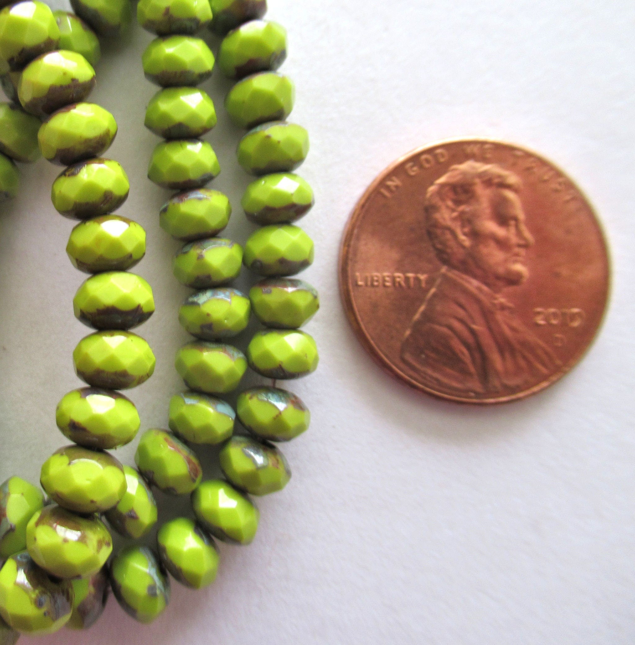 Lot of 30 small Czech glass puffy rondelles - opaque avocado dreen picasso - 3mm x 5mm faceted rondelle beads 00041