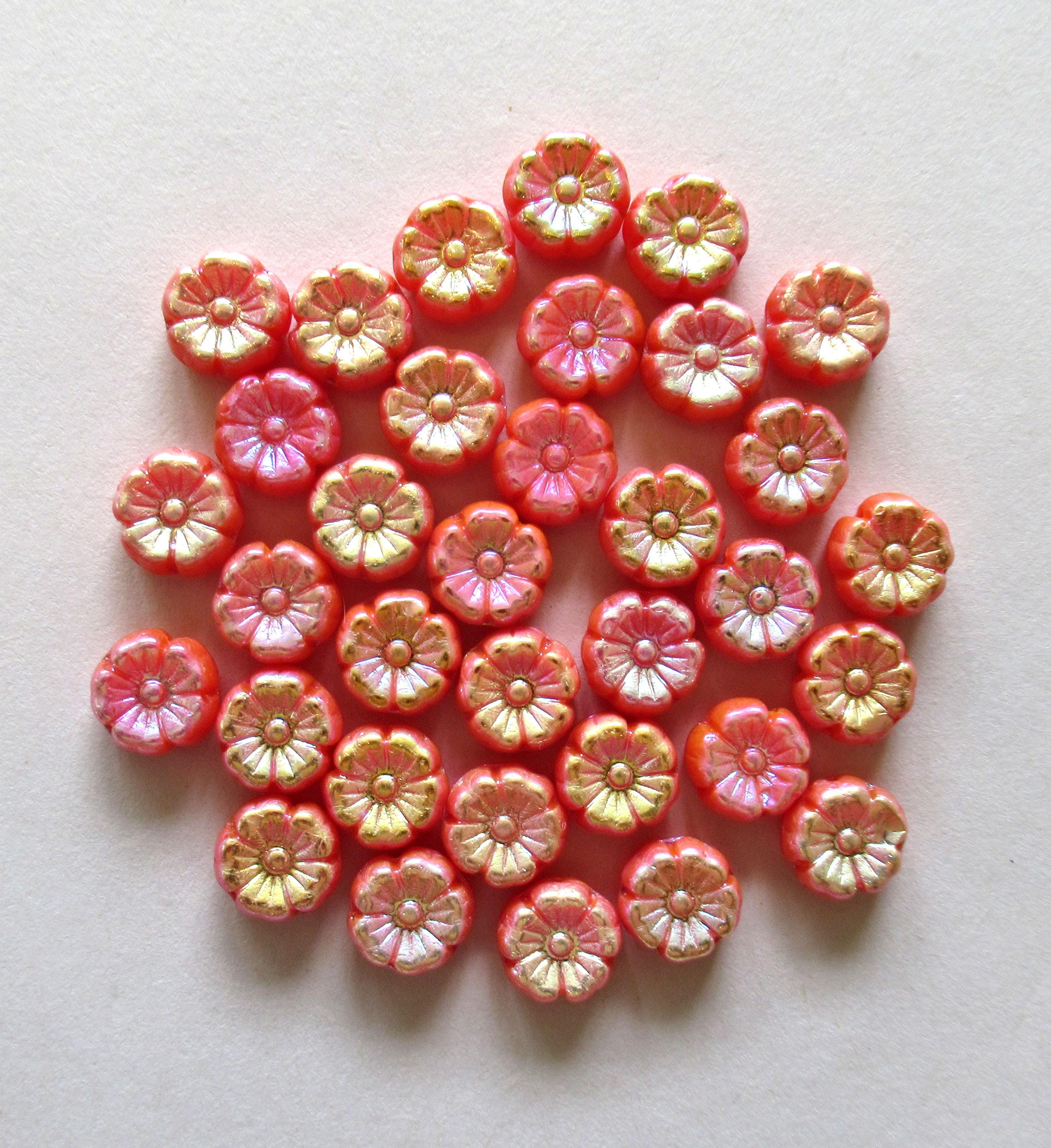 Fifteen 8mm Czech glass flower beads - opaque orange with an ab finish on both sides - pressed glass Hawaiian hibiscus flower beads C00501