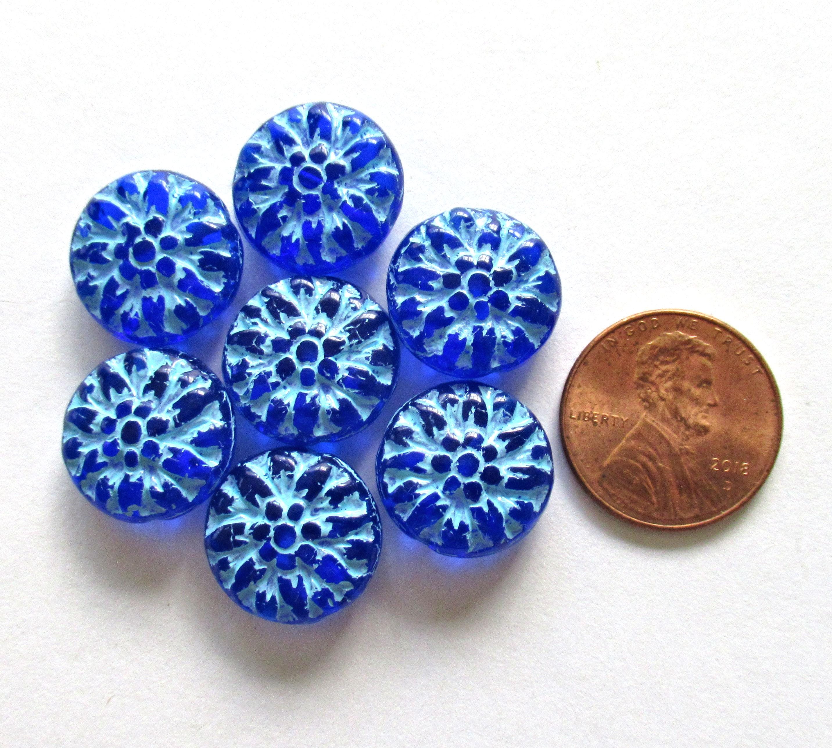 Six Czech glass Dahlia flower beads - Transparent cobalt blue w/ turquoise wash - 14mm floral puffy disc or coin beads C0009