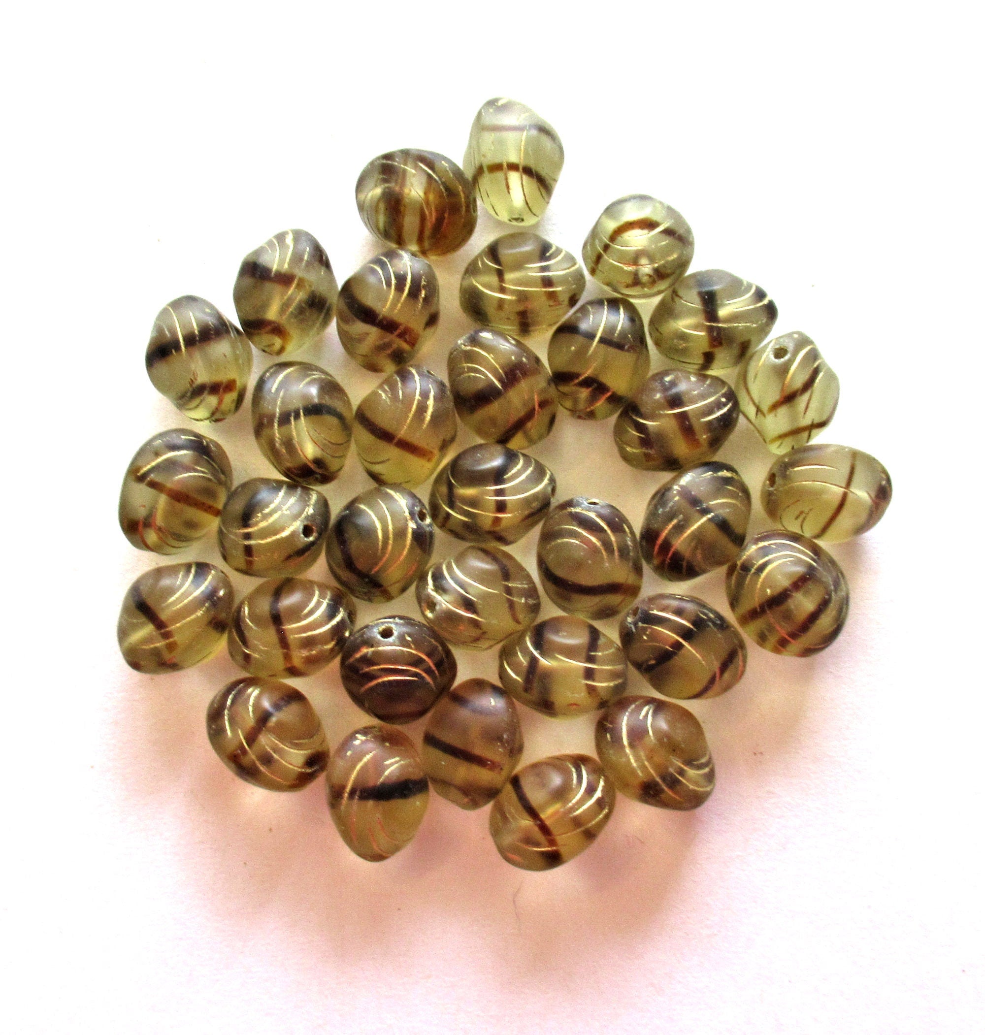 Lot of fifteen oval 10 x 9mm Czech glass snail beads - tortoise - tortoiseshell and gold carved glass snail beads - C00111
