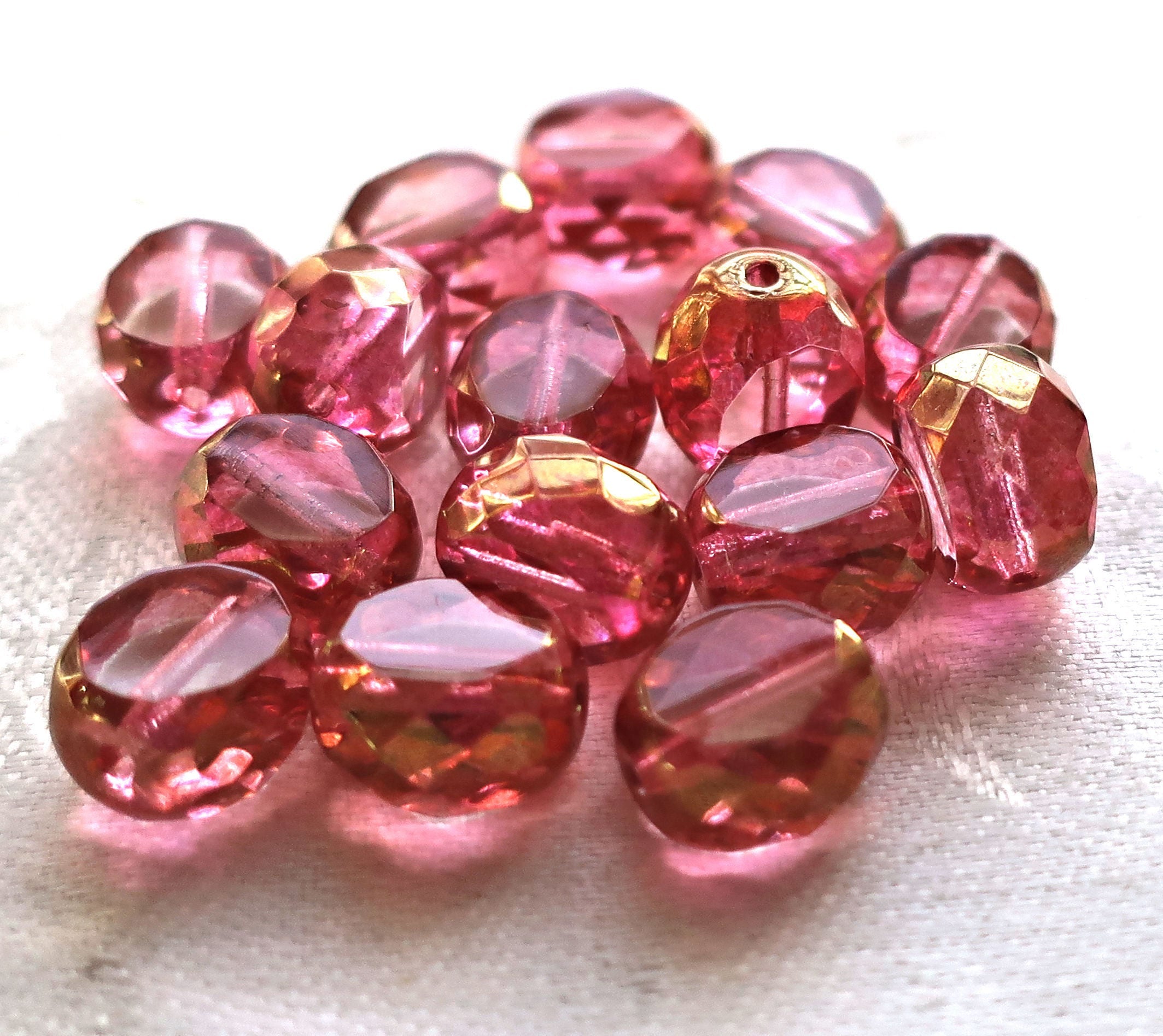 Five 12mm round, dual faceted. table cut Czech glass beads, pink & gold picasso window beads, chunky statement , focal beads 611101
