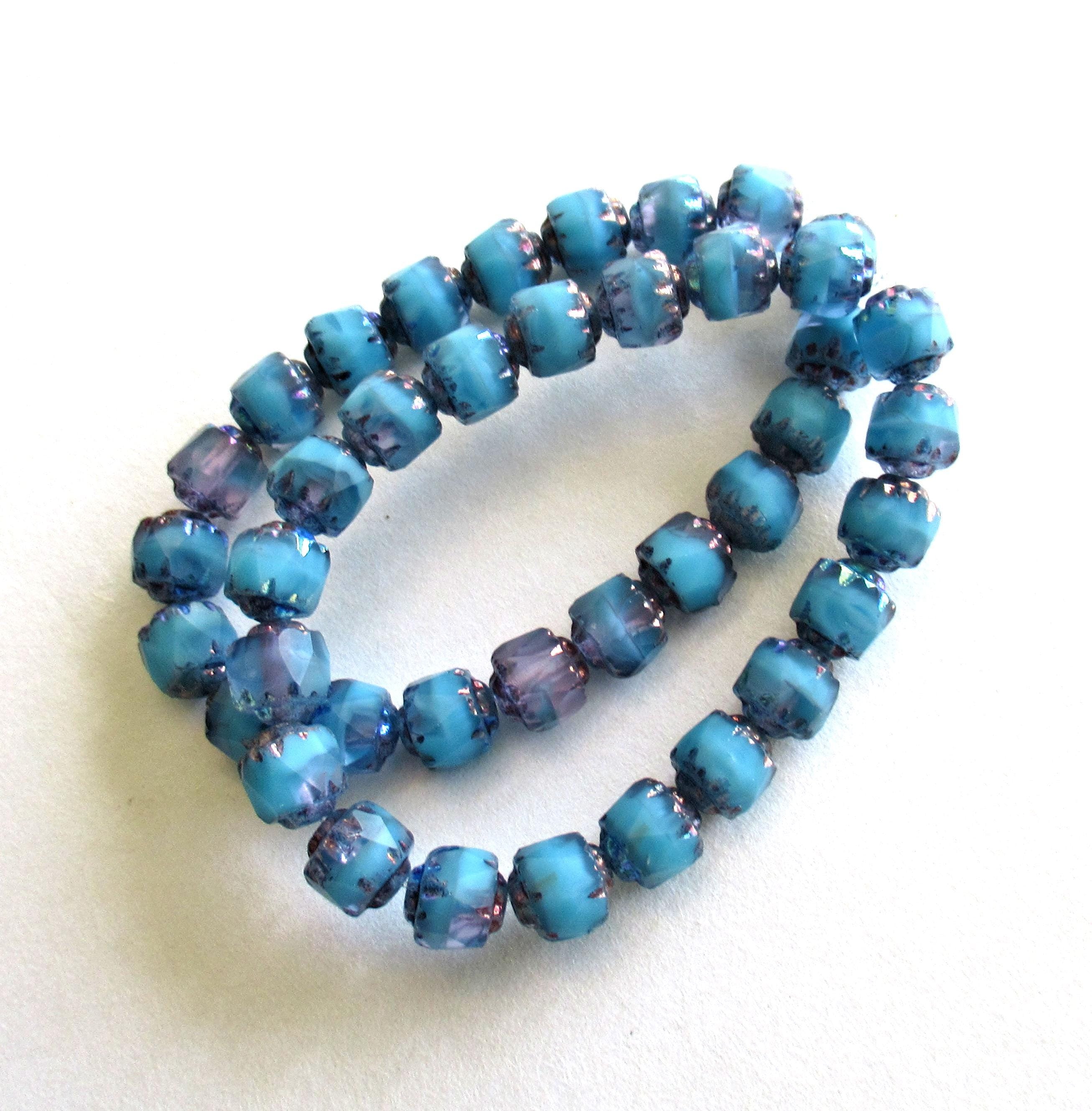 20 6mm Czech glass cathedral beads - blue w/ purple bronze picasso accents - faceted fire polished antique cut beads C00571